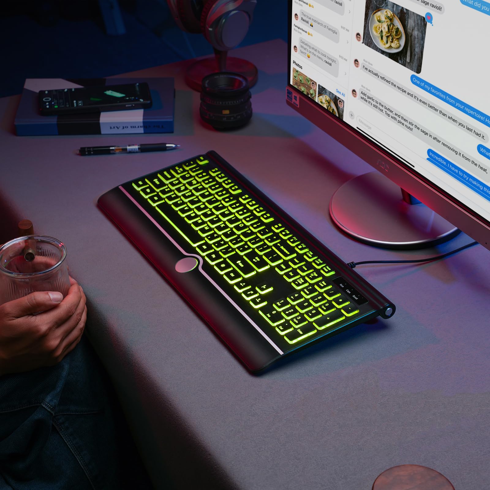 Computer-Tastaturen mit Hintergrundbeleuchtung, kabelgebundene beleuchtete Tastaturen mit 7-farbiger Hintergrundbeleuchtung, Handgelenkauflage, beleuchtete Tastatur, leicht zu sehen und zu