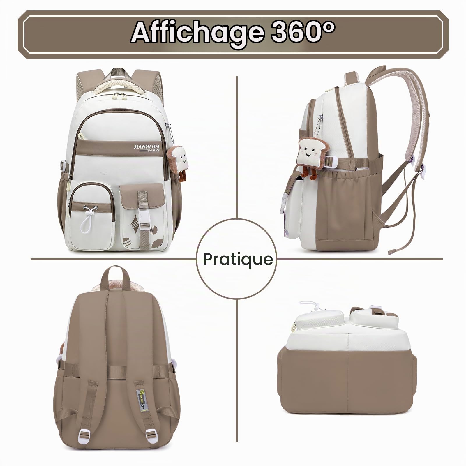 Amythe Sac à Dos Scolaire Collège Léger Grande Capacité, Marron