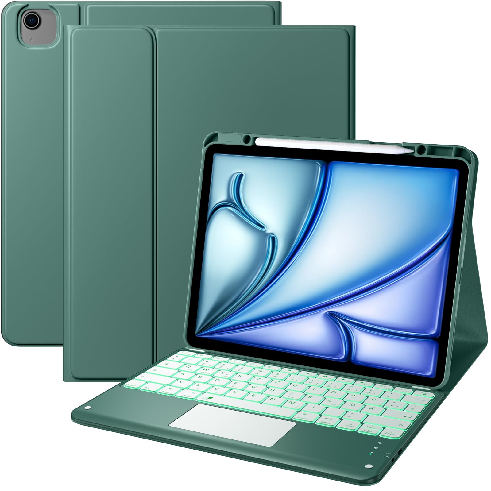 Vobafe Hülle mit Tastatur für iPad Air 13 Zoll M4 M3 M2 (2026/2025/2024), iPad Pro 12.9 (3. 4. 5. 6. Gen), QWERTZ Keyboard Multi-Touch Trackpad 7 Farben Beleuchtung, mit Stifthalter, Kiefergrün