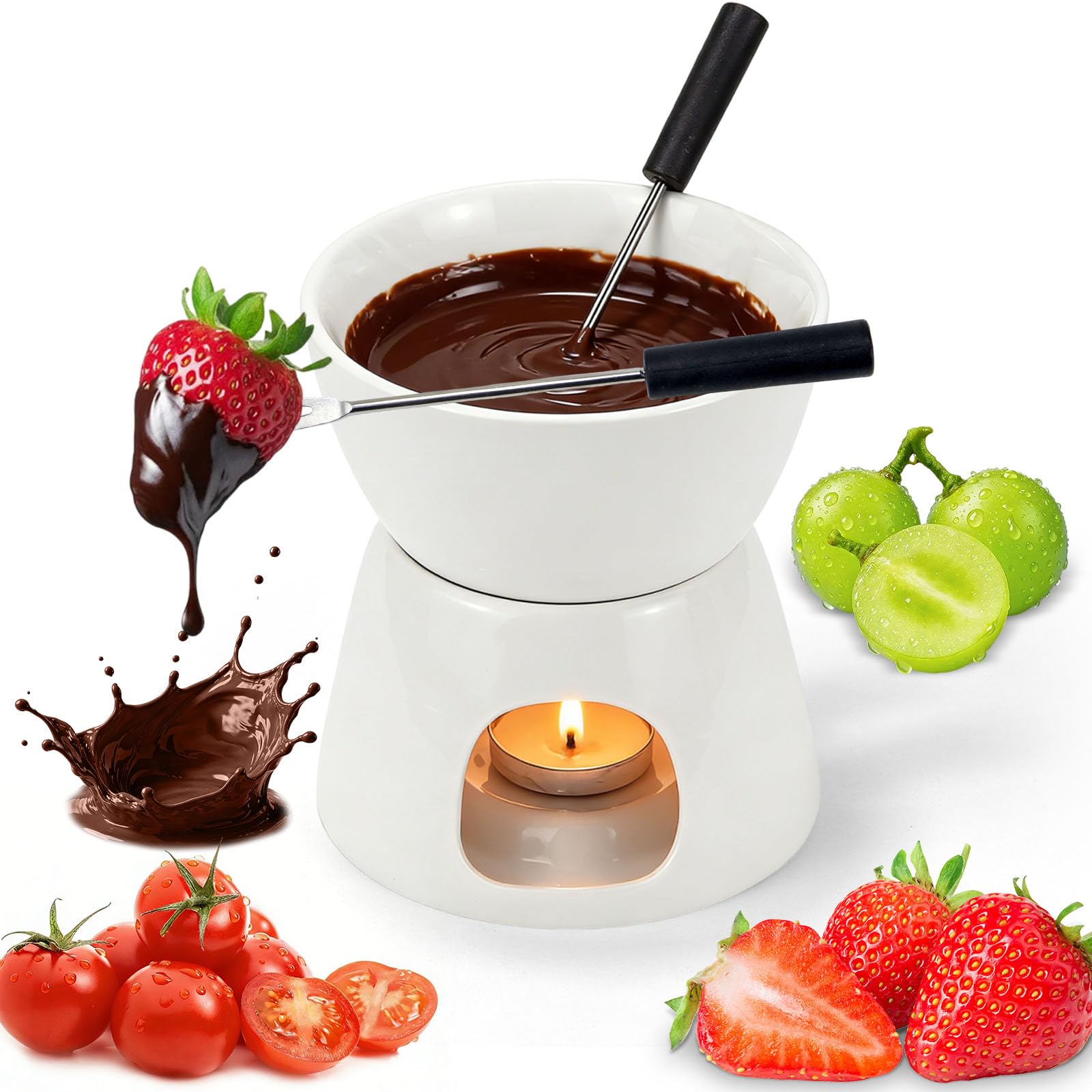 Set de Fondue de Chocolate 300 ml – Olla de Cerámica con 2 Tenedores, Mini Cazuela para Chocolate, Queso y Mantequilla – para el Hogar, Cenas en Pareja o con Amigos