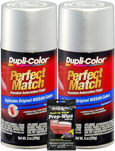 Dupli-Color Pintura metálica plateada para una combinación perfecta para vehículos Nissan, (8 onzas), paquetes con toallitas de preparación (3