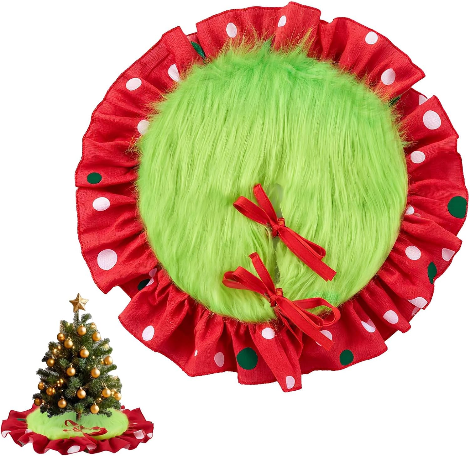 Mini Christmas Tree Skirt, 15 Inch Mini Green Faux Fur Christmas Tree Skirt with Red Ruffle Trim, Faux Soft Thick Plush Round Mat for Merry Xmas Holiday Party Indoor Home Decorations