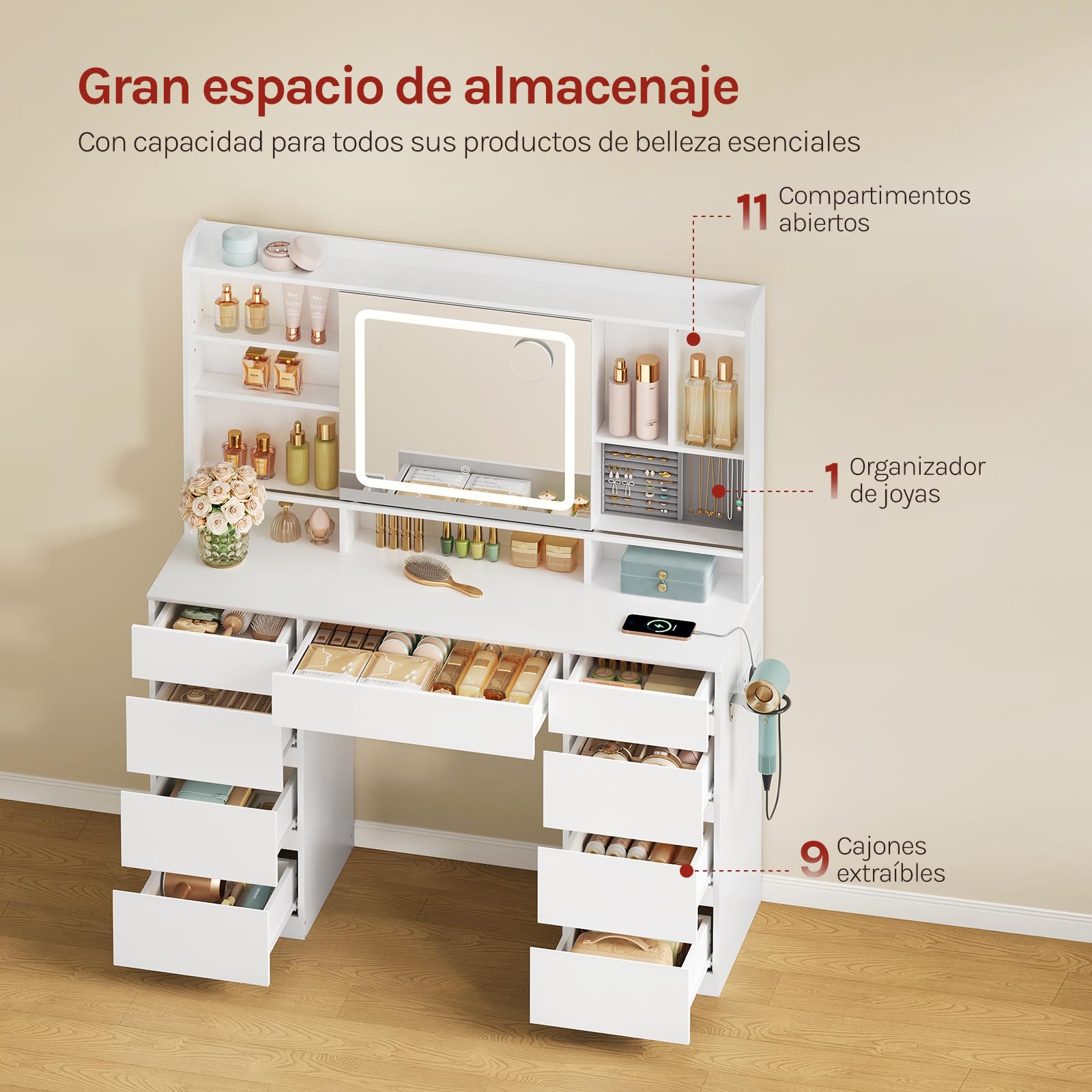 WOLTU Tocador de Maquillaje con 9 Cajones, 1 Bandeja de Joyas, Mesa Tocador Blanco con Espejo y Luz LED Ajustable, Estantes Abiertos, Estilo Moderno para Dormitorio
