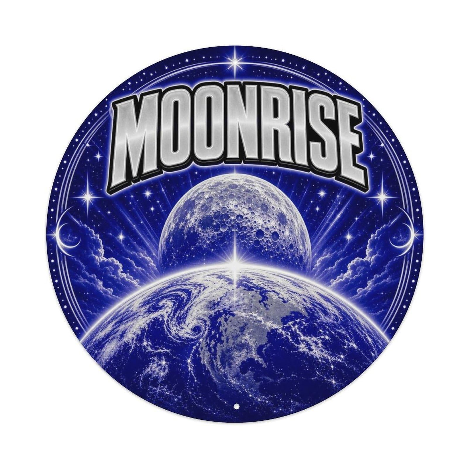 Space Exploration Neon Sci Fi Earth Moonrise Starscape Metal Tin Sign Plaque Wall Decor for Cafe, Man Cave, Club Bar, Office, Home Garden Round Metal Poster 8x8Inch