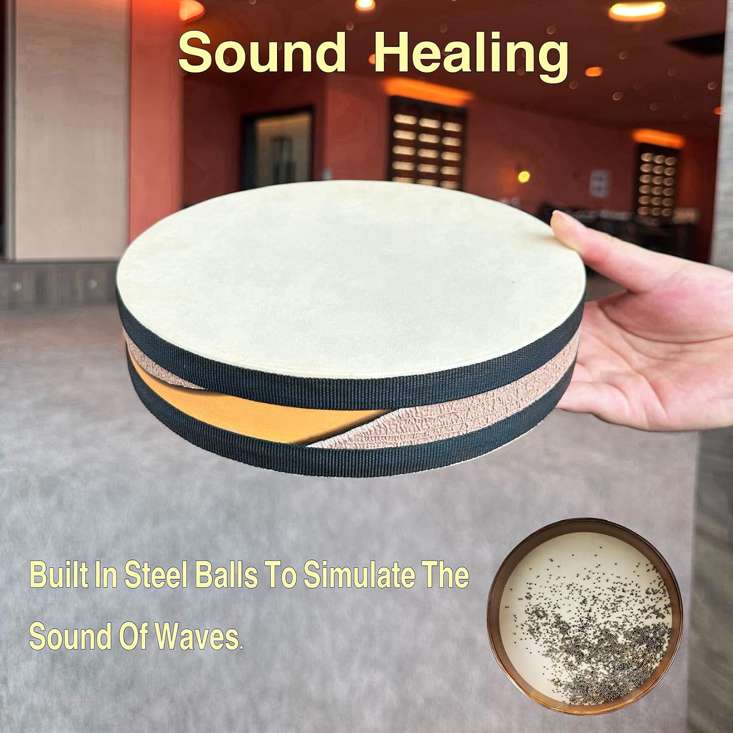 Ocean Drum,10'' Handmade Wooden,Natural sheepskin，Musical Healing Instrument, Orff Percussion, Simulates the Sound of Ocean Waves,For Recreation,Yoga Meditation, Stress Relief and Relaxation