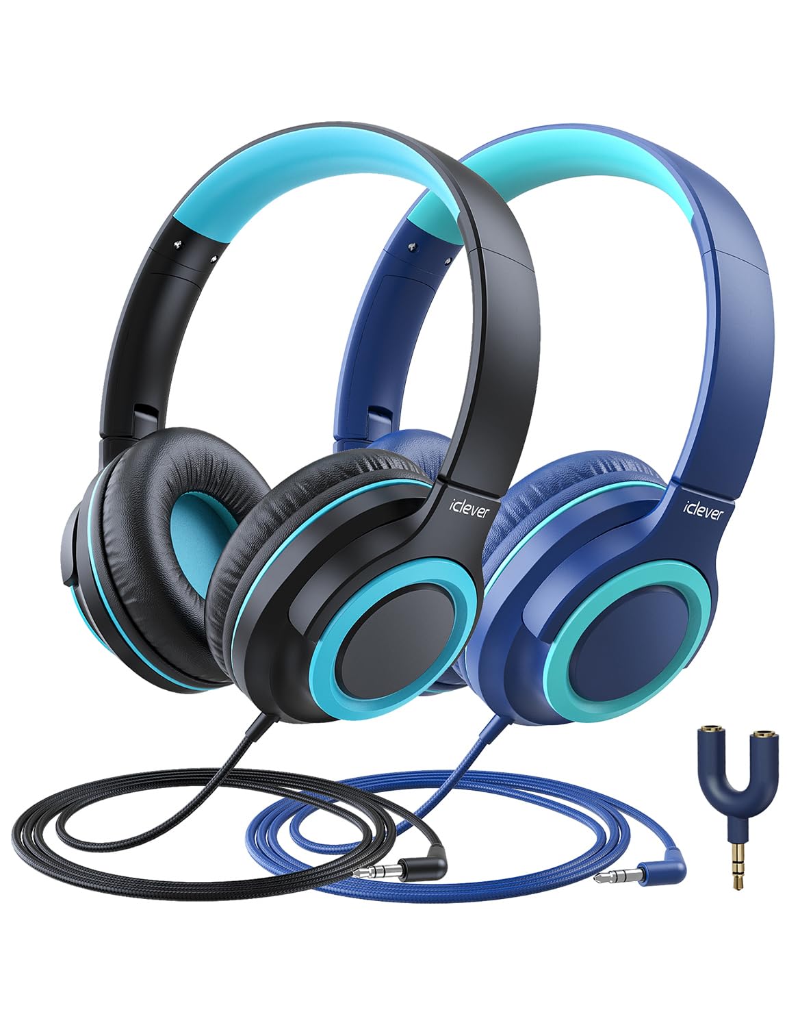 iClever 2Pack Kids Headphones with Sharing Splitter - 85dBA Safe Volume Limited - HS22 Wired Headphones for Kids Teens, Tangle-Free 3.5mm Jack