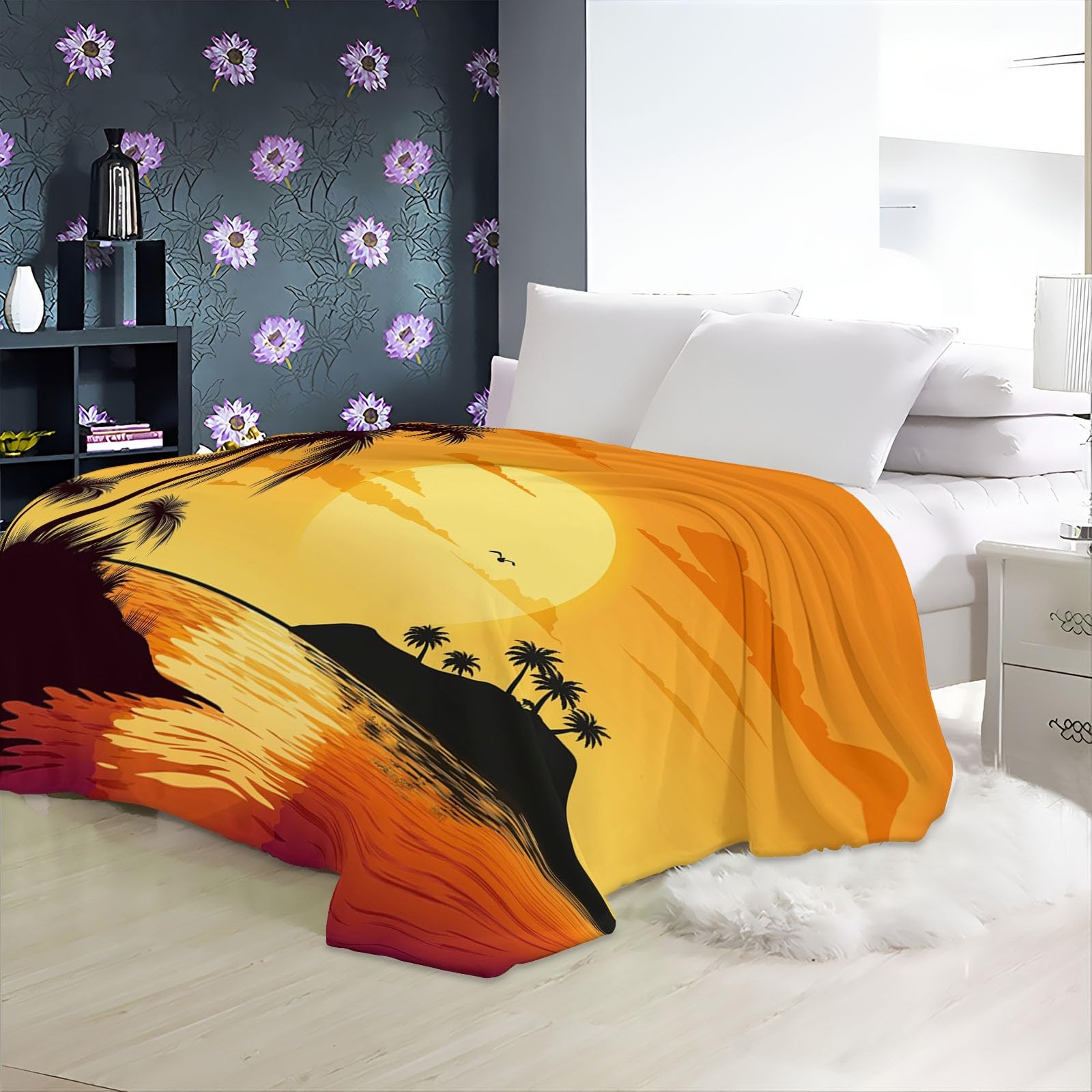 Genérico Manta Franela para Cama Isla Puesta De Sol Palmeras 220x240 cm Manta para Sofá, Suave, Cálida, Transpirable, Manta de Microfibra Multiusos para Viajes y Camping