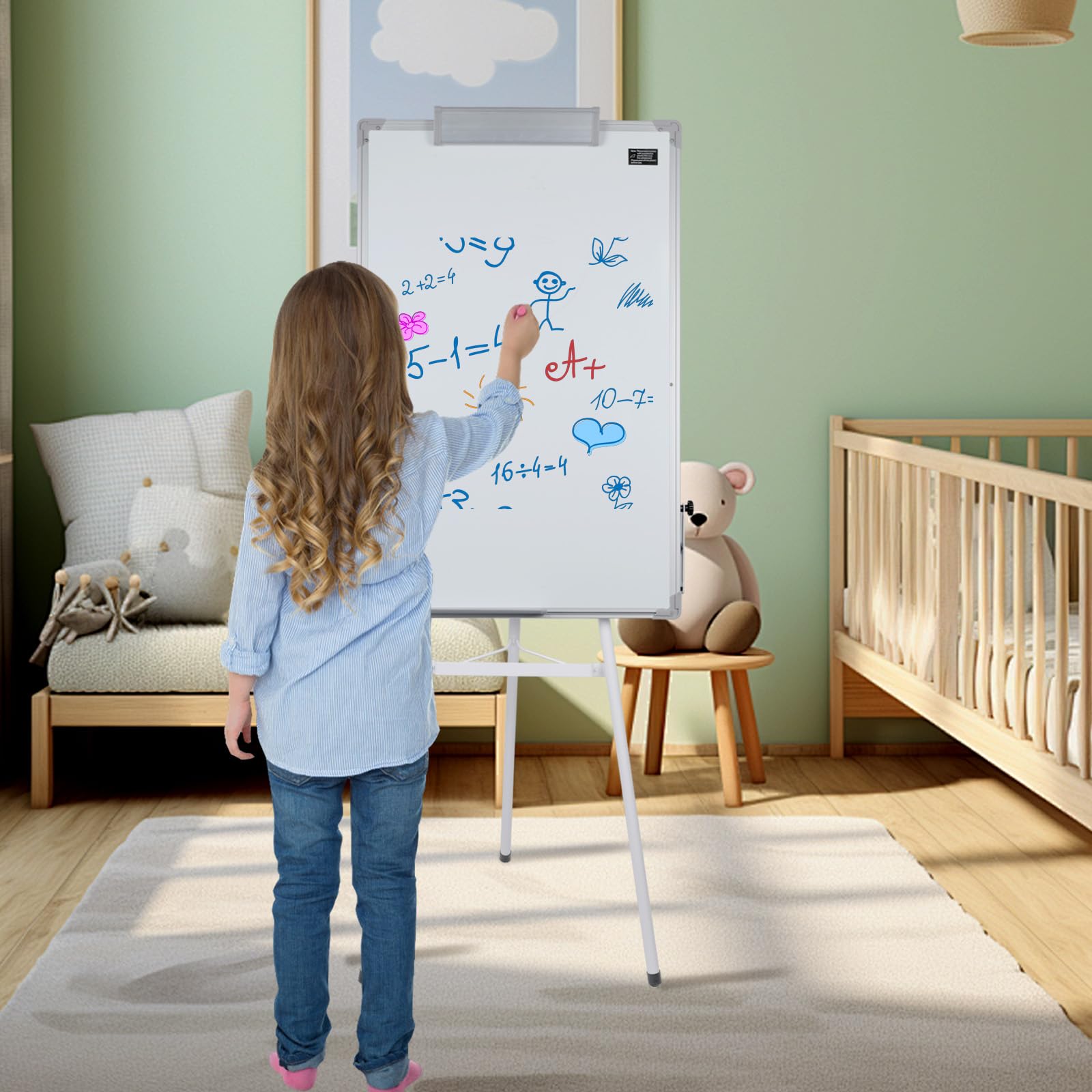 Homewell Lavagna bianca con supporto, 100 x 70 cm, con supporto per lavagna magnetica, altezza regolabile, treppiede, lavagna bianca magnetica con pennarello, spugna e 6 magneti
