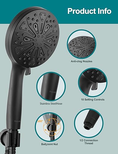Miniatura 6 de Guoyulju Cabezales de ducha de alta presión con combo de rociador de mano y manguera, cabezal de ducha 10 ajustes, potente rociador integrado, alma