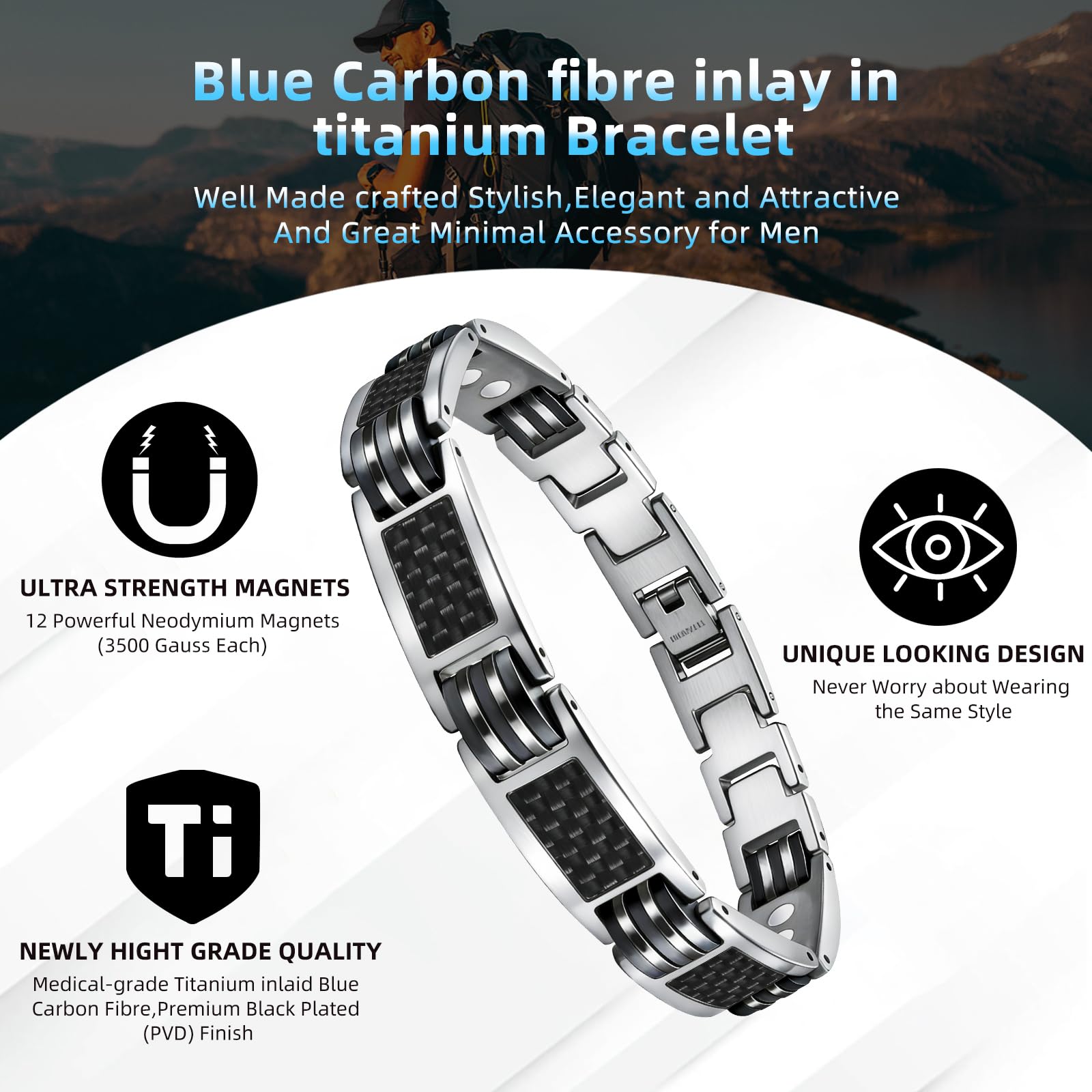 Bracelet magnétique en titane pour homme - Fibre de carbone argentée XL 3500 Gauss - Avec outil de retrait - Étanche