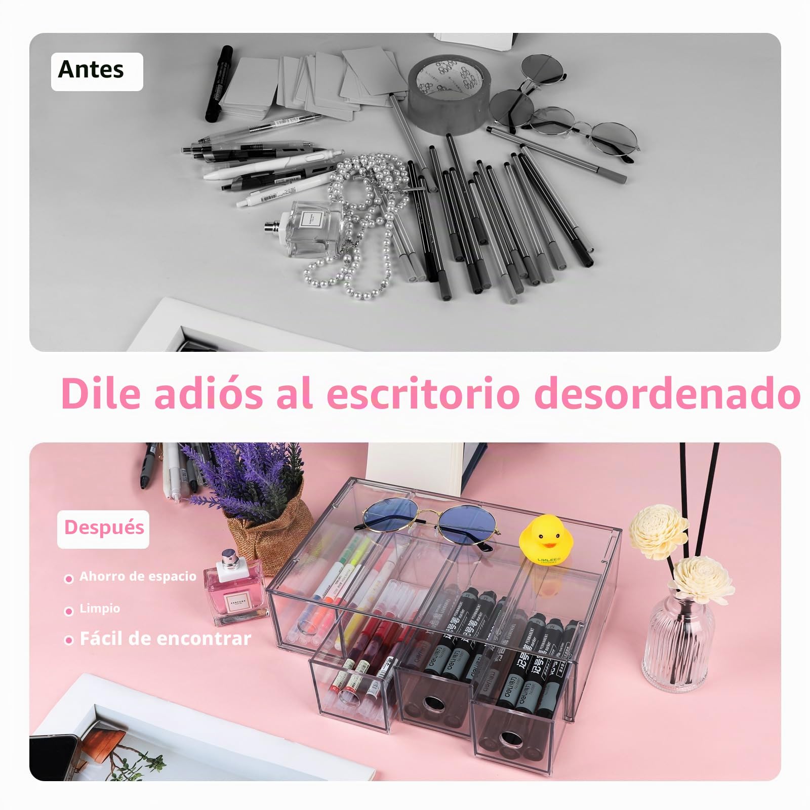 Organizador de escritorio apilable con 2 cajones y 8 compartimentos, caja de almacenamiento multifunción