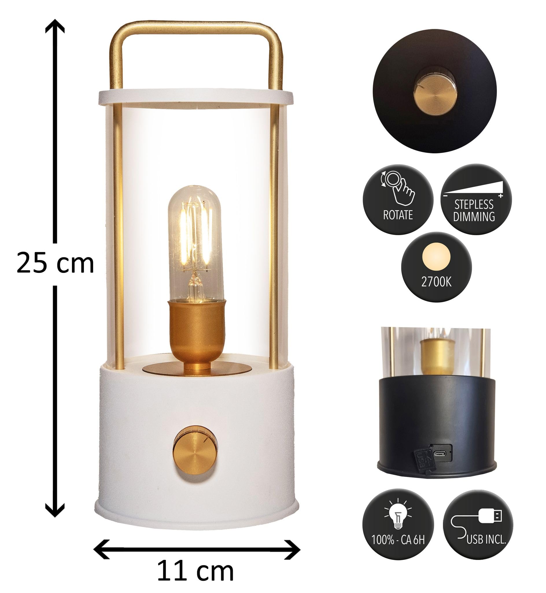Coen Bakker Lampada da tavolo a LED dimmerabile, IP44, con USB, luce bianca calda, per interni ed esterni, 15 x 11 cm, colore: Bianco