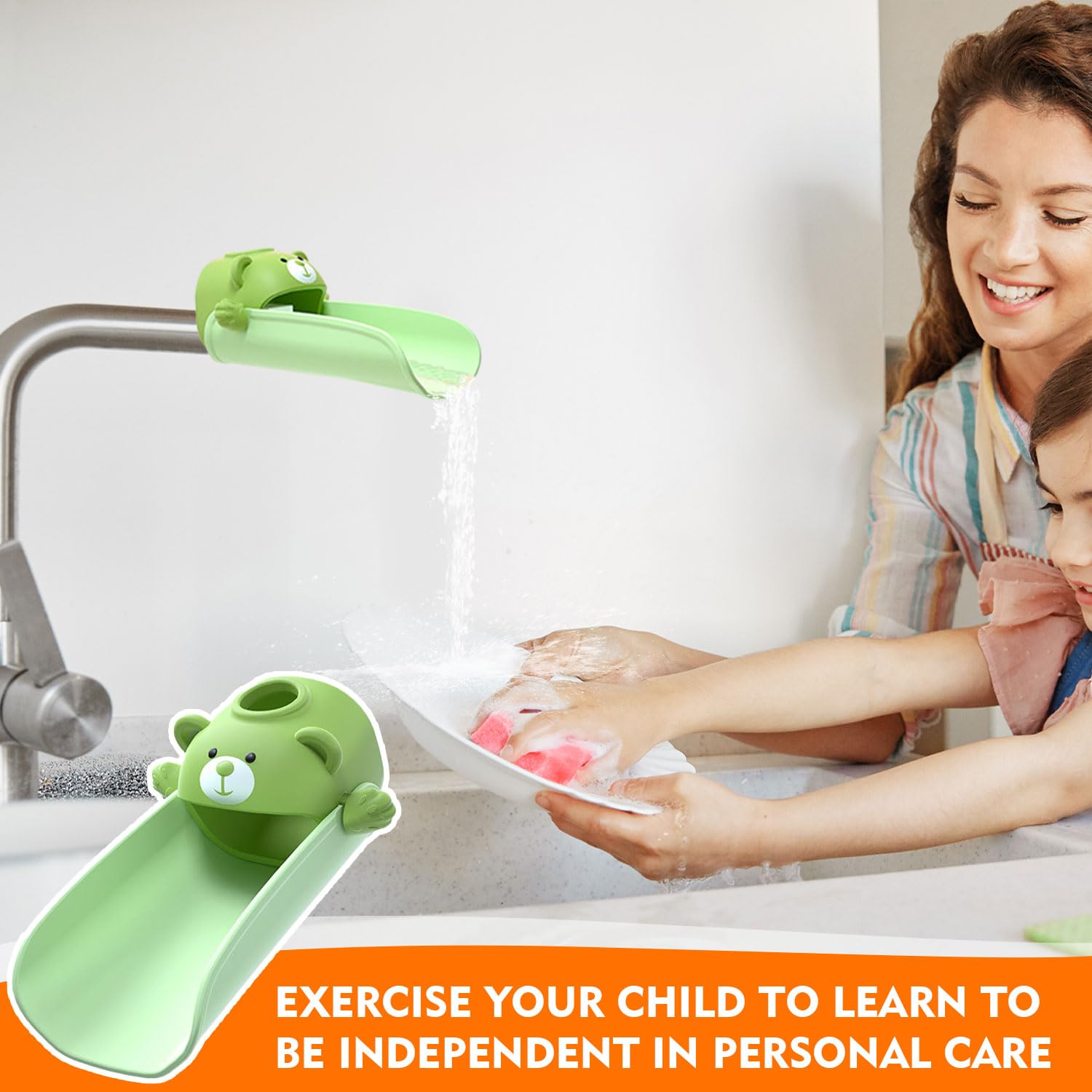 Extensión de grifo infantil, cambio de color con agua caliente con efecto sensor de temperatura, accesorio de silicona seguro para lavabo, asiento antideslizante para manos de niños (marrón + verde
