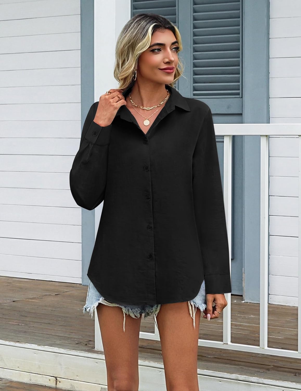 Zeagoo Womens Cotton Linen Button Down Shirts Loose Fit Long Sleeve Collared Blouse Casual V Neck Tops Outfits S-3XL - Image 3