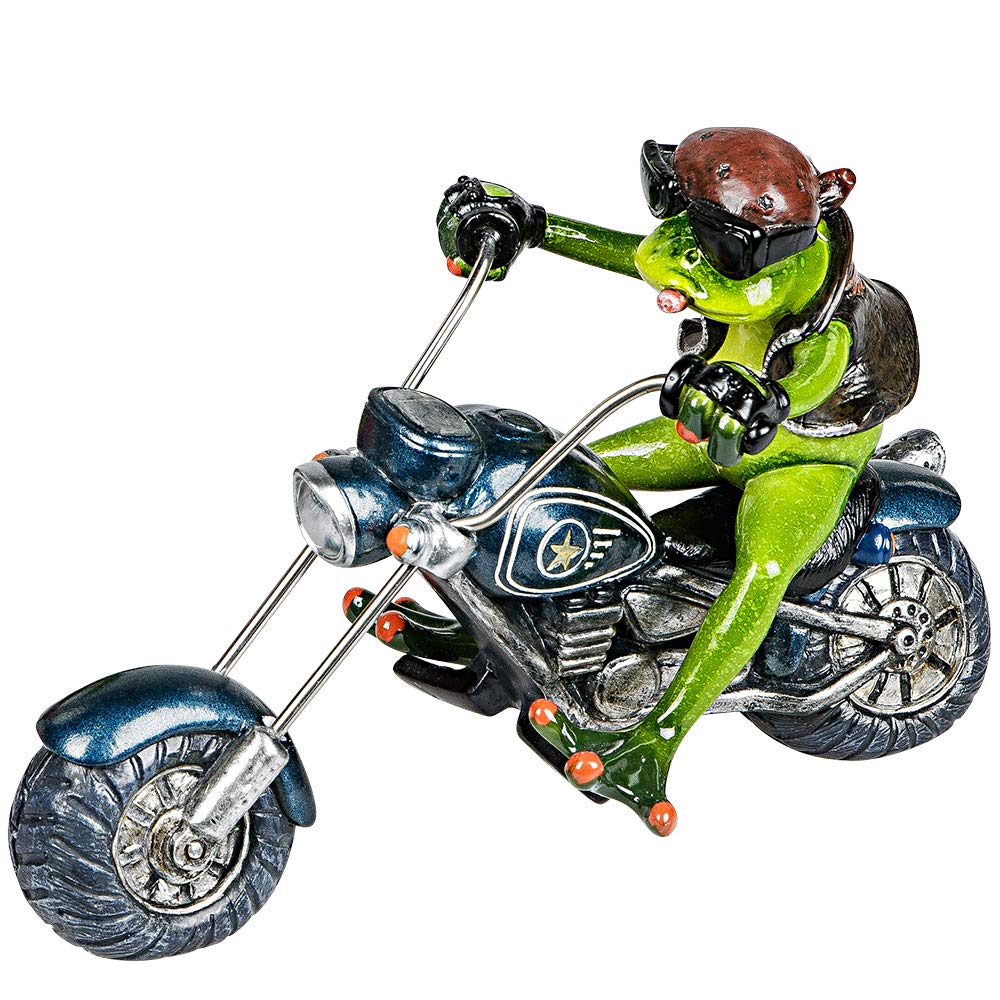 Formano Decorative frog 'biker', length: 22 cm, made of artificial stone, light green/grey, 1 piece, handmade and painted by hand.