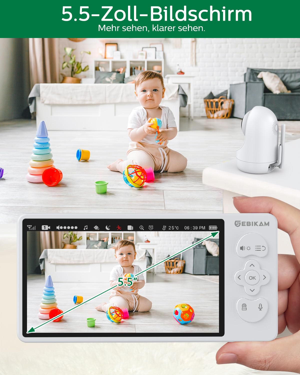 Niania Wideo/Monitor dla Niemowląt | HD 720P, 5,5 Cala Ekran | Bez Wi-Fi/APP | 4000 mAh, PTZ 355°, VOX, Noktowizor, 2-Kierunkowe Audio