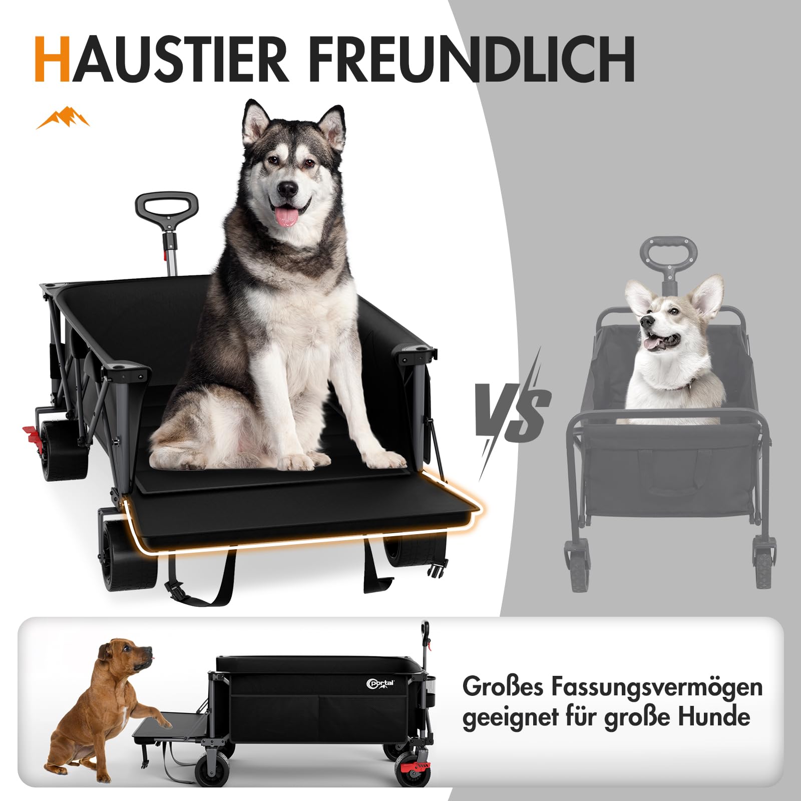 Portal Bollerwagen faltbar XXXL 600L Große Ladefläche 180kg Belastbar Ultrabreit Handwagen mit Seitentasche Transportwagen Leiterwagen Klappbar Strandwagen Faltwagen für Garten Camping Festival
