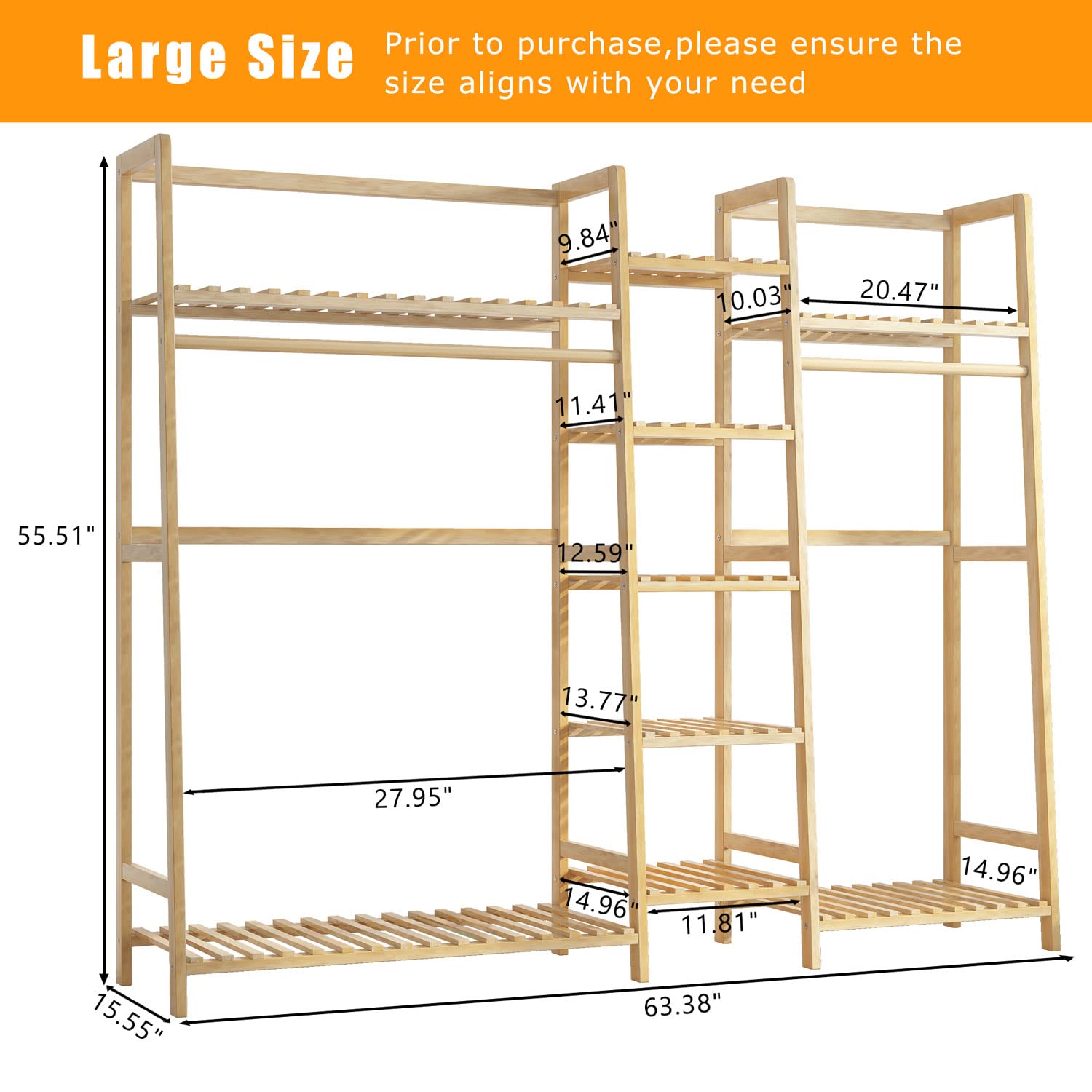 Strong Solid Wood Clothing Garment Rack, Double Rod Hanging Clothes Rack Heavy Duty, Free-Standing Multifunctional Clothing Rack with 10 Pack Hangers (9-Tier)
