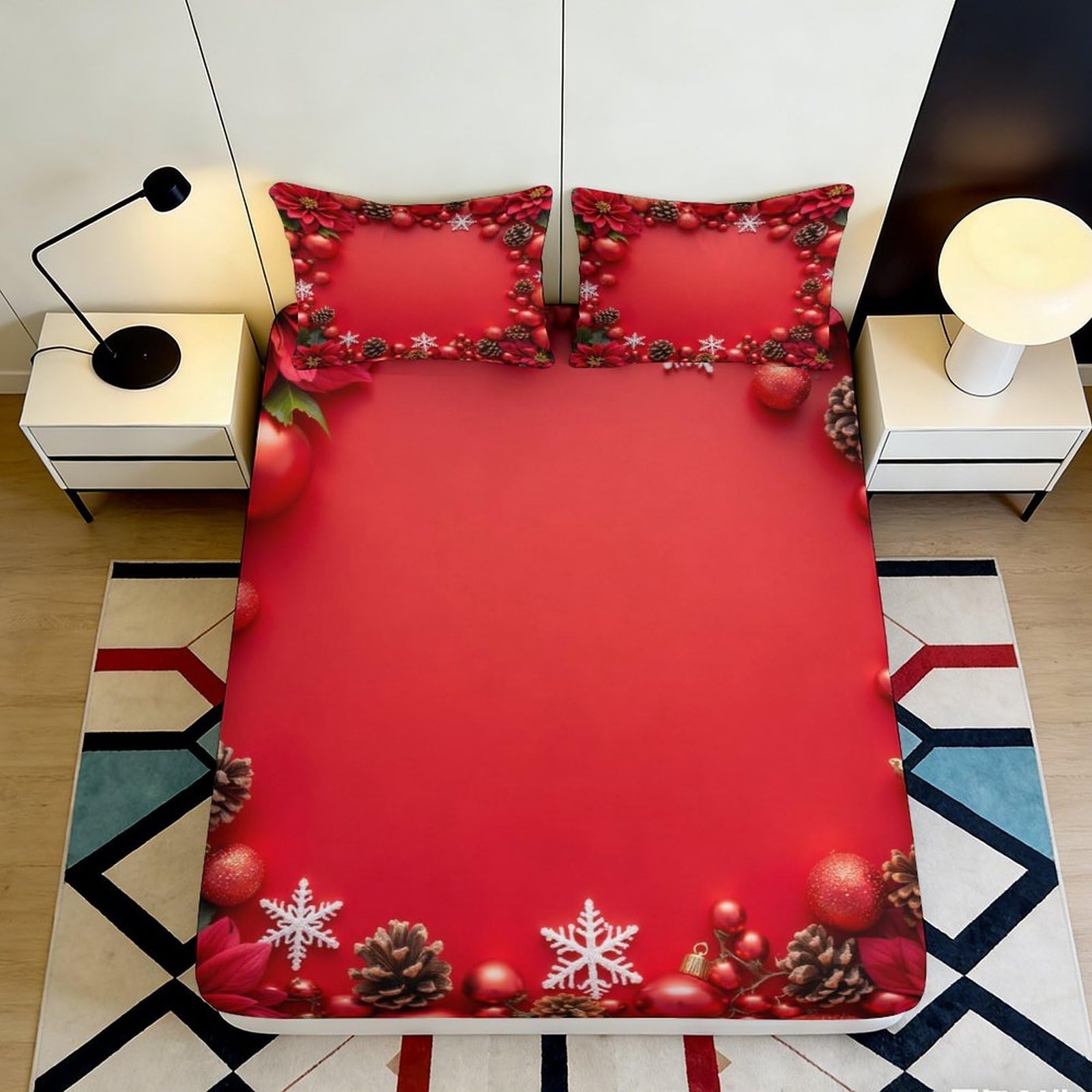 Pnayamiorkfel Style-4 3D Printed Christmas Ornament Fitted Sheet Microfiber Red Snowflake Mattress Cover For Bedroom Guest Room Decor 90X200x25cm