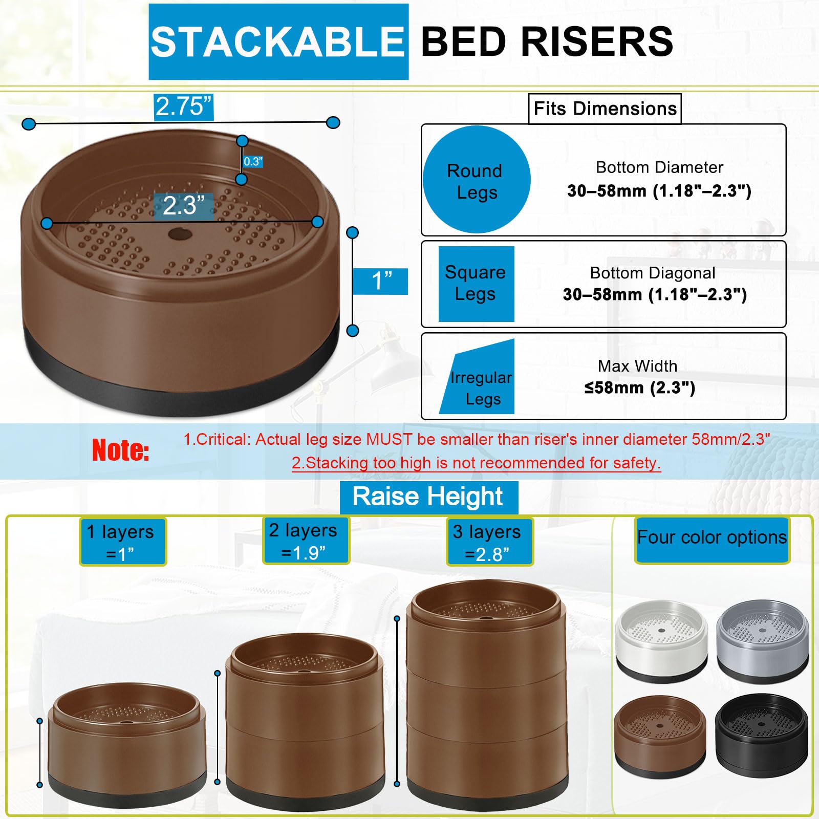Elevadores de cama de 1, 2, 3 y 4 pulgadas, resistentes, ajustables para mesa, escritorio, sofá, silla, refrigerador, lavadora, bloques apilables (marrón, paquete de 4, 1+1+1 pulgadas)