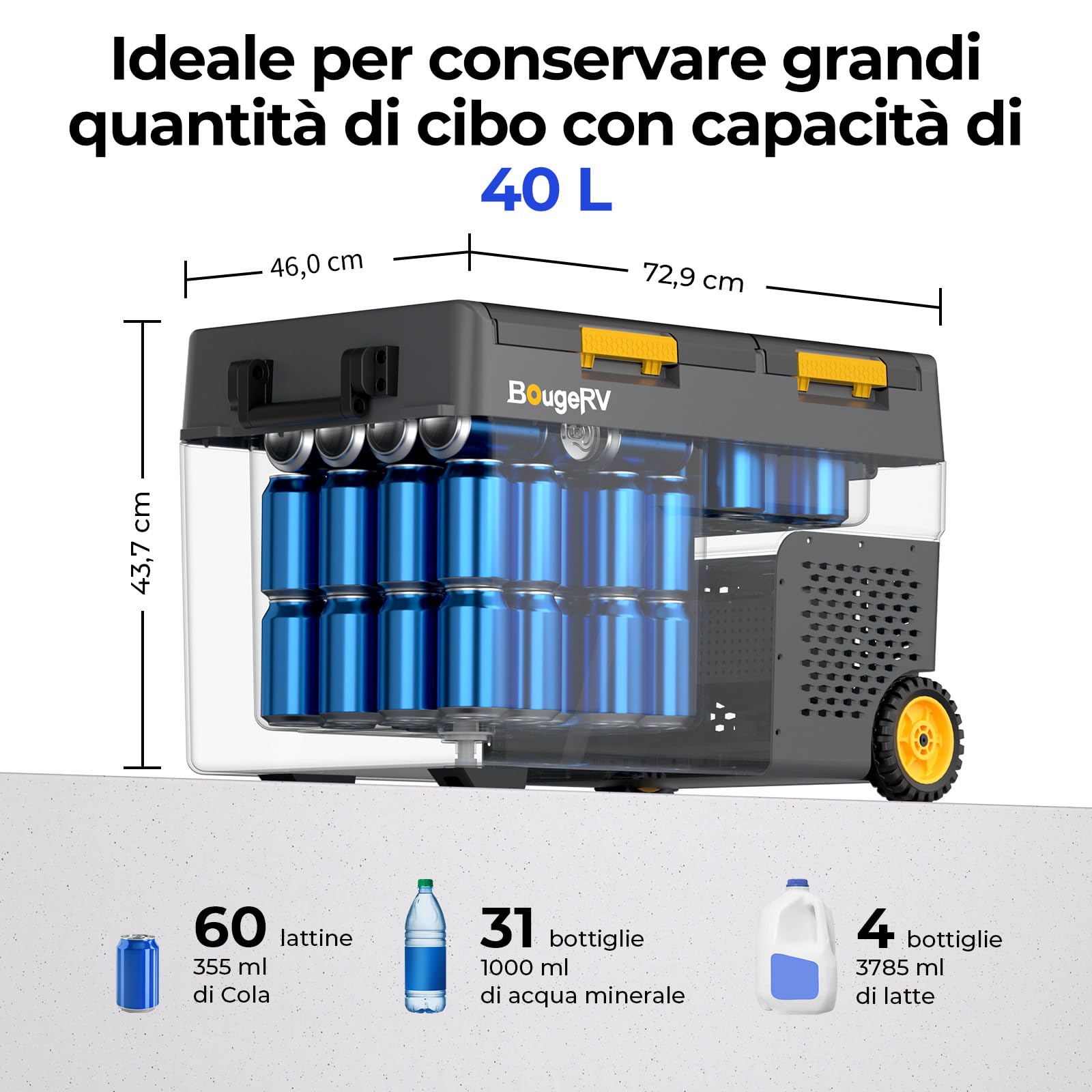 BougeRV CRD2 V2.0 40L Frigo con Batteria 240Wh, 2 Porte Doppia Zona Ruote Maniglia 12V 24V 230V Portatile Campeggio Compressore App IPX4, -20℃~20℃ (2026 Novità)