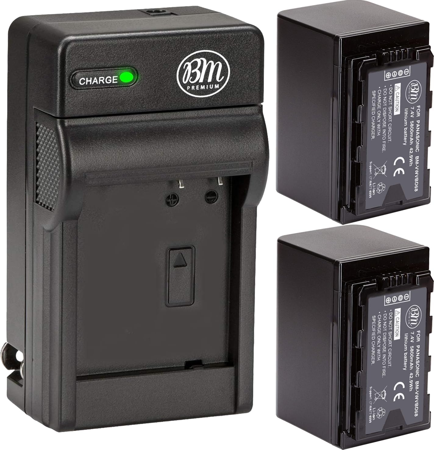 BM Premium 2 VW-VBD58 Batteries and Charger for Panasonic AG-VBR59, BGH1, HC-X1, HC-X1500, HC-X2000, AG-CX10, AG-CX350, AG-UX180, AG-AC30, AG-UX90, AG-DVX200, HC-MDH3E, AJ-PX270, AJ-PX230 Camcorders