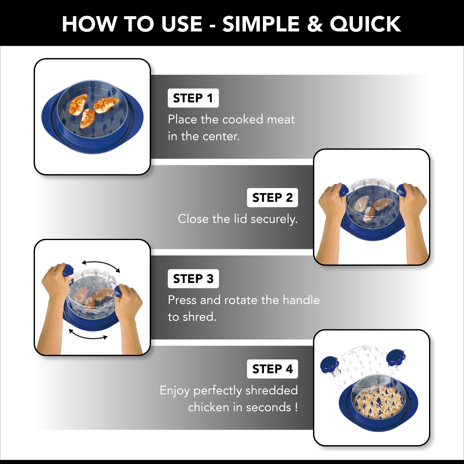 Trituradora de pollo con bandeja, trituradora de carne rápida y fácil para pollo, cerdo o carne de res, sin BPA, base antideslizante, apta para lavavajillas, accesorio de barbacoa manual, diseñado en 8