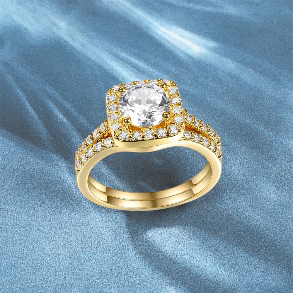 MDFUN 18K Yellow Gold Plated Cubic Zirconia Two-in-One Halo Wedding Engagement Promise Eternity Ring for Women - Image 5