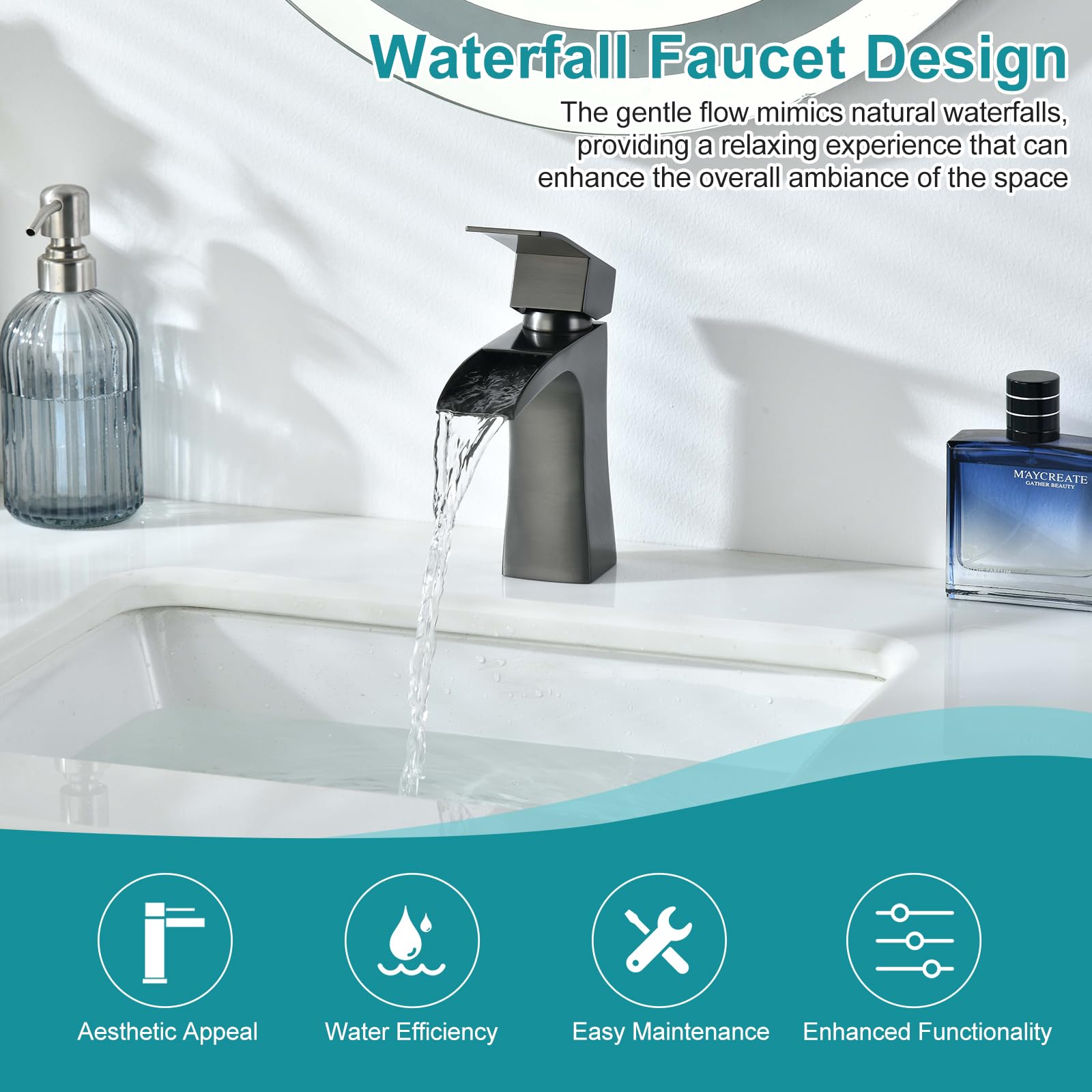 Bathroom Sink Mixer Taps, Waterfall Taps for Bathroom Sink Square Modern Cloakroom Faucet - Image 3