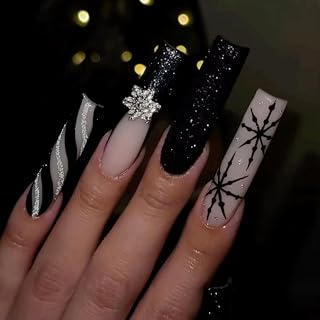 BABALAL Winter Press on Nails Long Square Fake Nails Black French Tip Glitter Bling Glue on Snowflake Charm Luxury New Year Design 24Pcs Full Cover False Acrylic Nails New Year