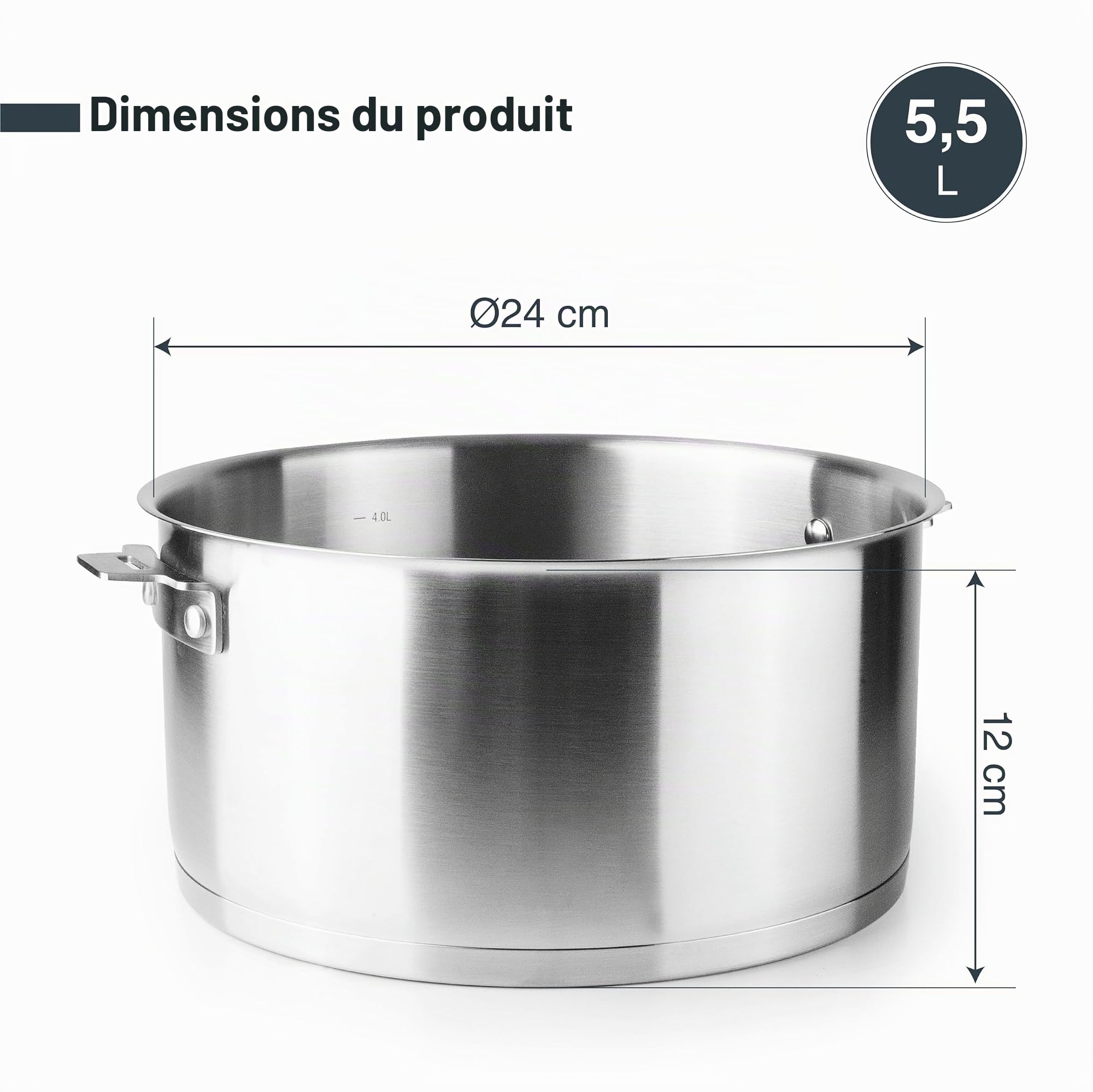 Lacor - 56624 - Corps de poêle Combi, acier inoxydable 18/10, aluminium, 5,5 litres, fond de diffuseur de chaleur sandwich, empilable, à induction, lavable au lave-vaisselle, au four, ø20cm