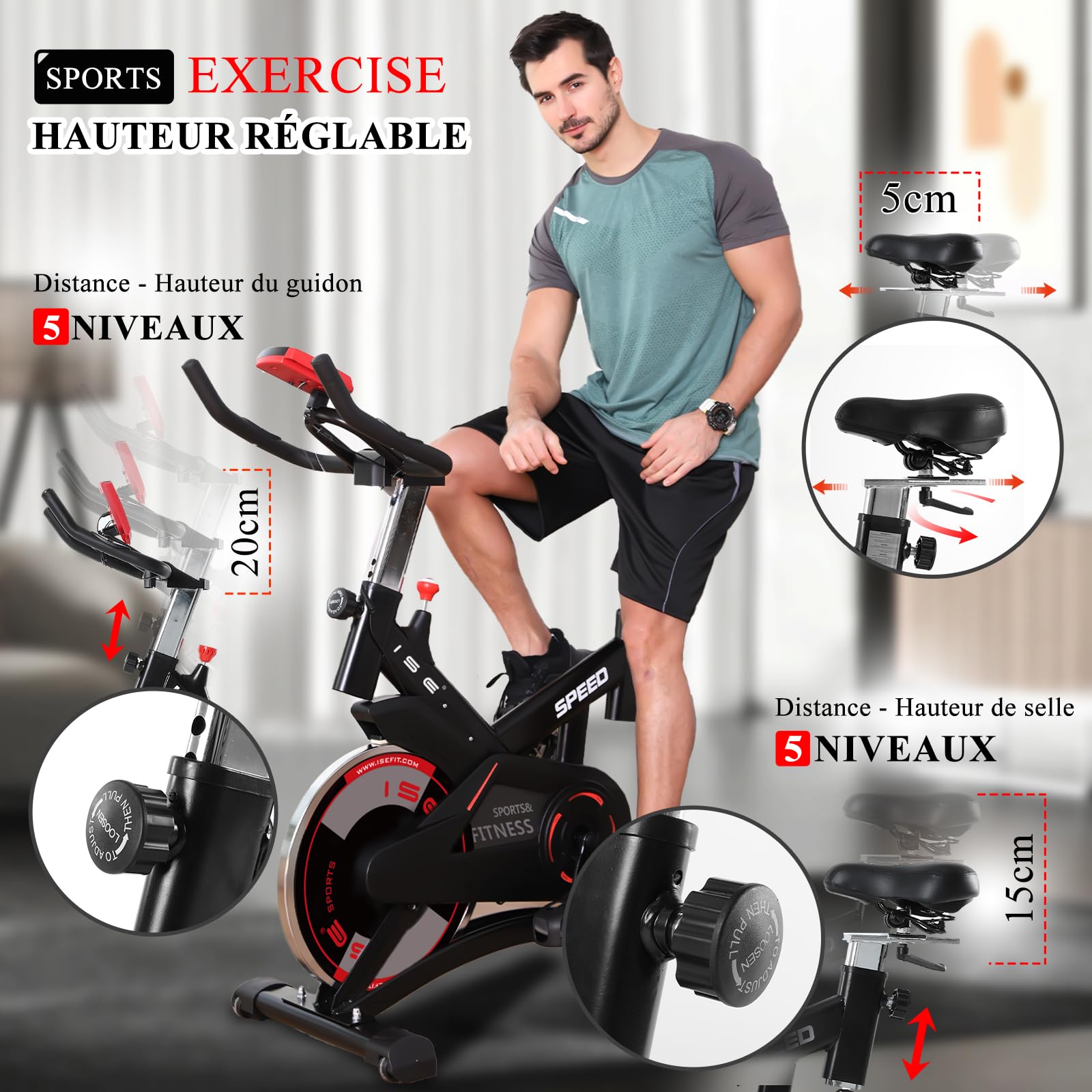 ISE Velo d appartement, Ergonomie Cardio-Training, Exercise Bike, Velo Appartement Fitness, Multifonction Ecran/Impulsion, Vélo d'Appartement Selle/Guidon Hauteur Réglable, Vélo Appartement à Domicile