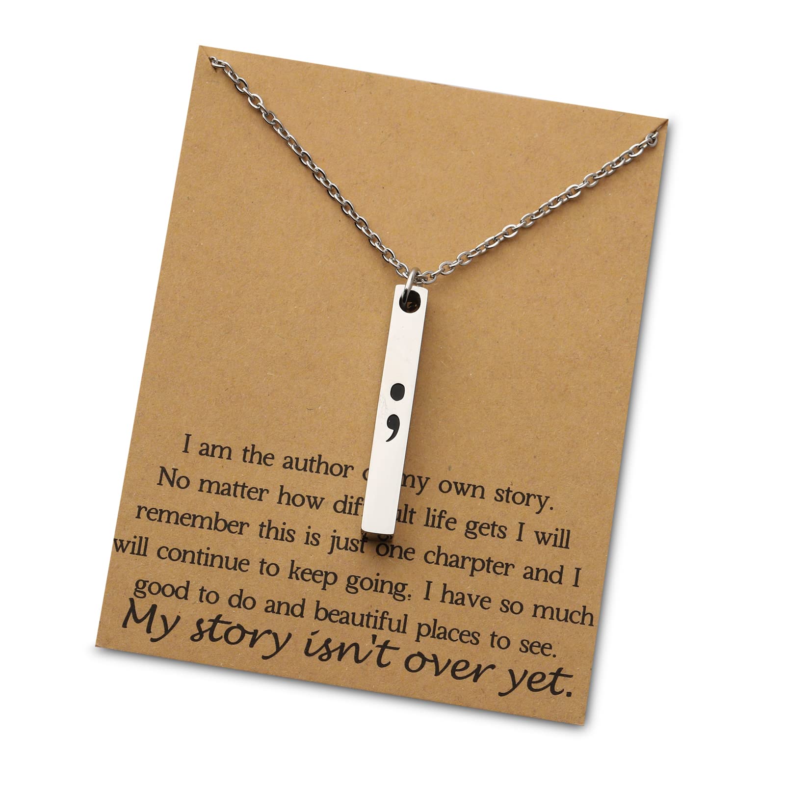 bobaunaSemicolon Bar Necklace My Story Isn't Over Yet Mental Health Awareness Jewelry Gift With Greeting Card