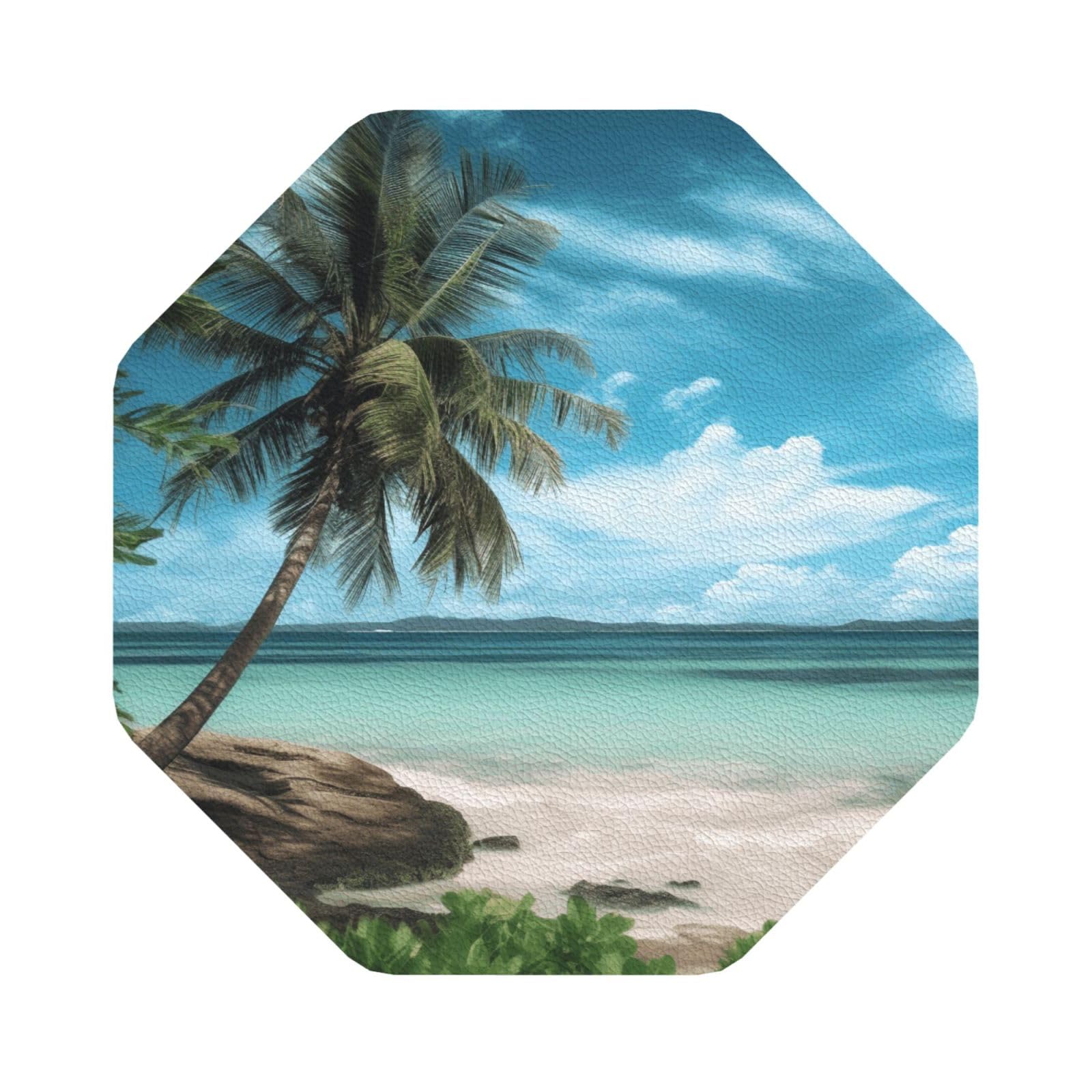 beach palm tree Print Leather Coaster Set of 6, Octagon Coasters Table Decorative Coffee Cup Beverage Coasters Wine Beer Bar Coasters for Hot Drinks Table Protection