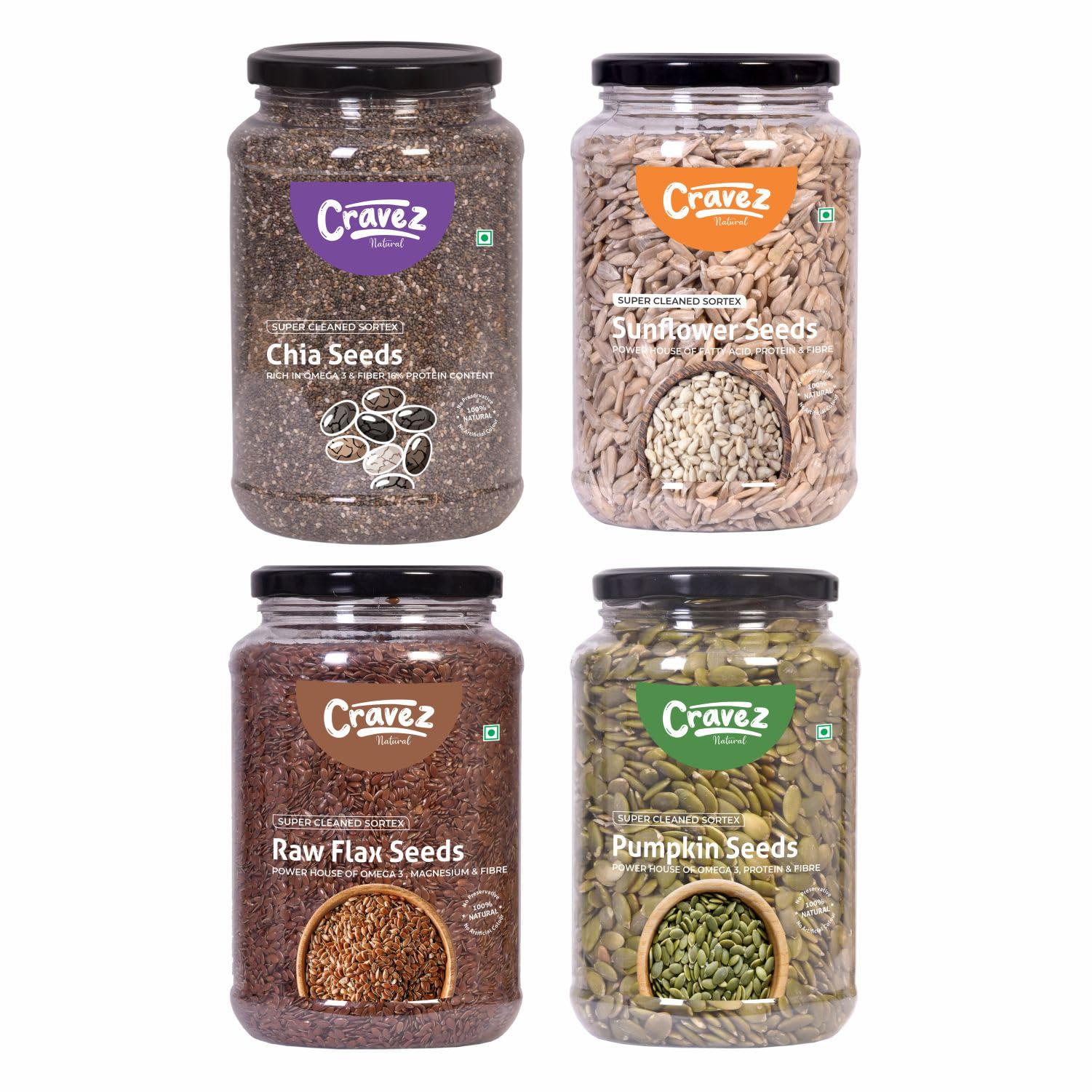 Cravez Variety of Raw Seeds | Combo Pack of Chia seeds, Flax seeds, Pumpkin seeds, Sunflower seeds (250 gram each) | Healthy Seeds for Every Diet