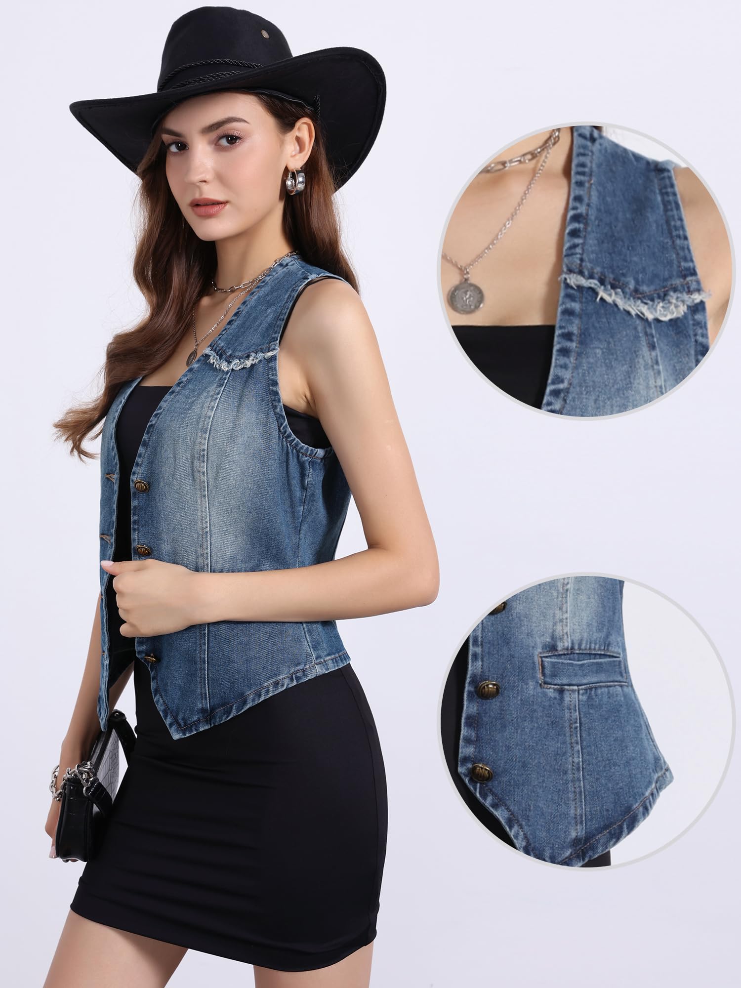 Allegra K Chaleco Vaquero para Mujer sin Mangas con Cuello en V | Chaqueta Lavado Vaquera