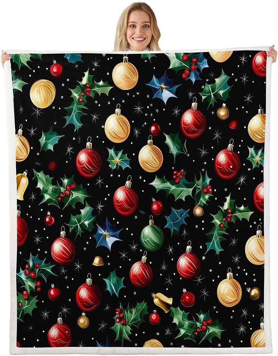 Erosebridal Red Green Yellow Christmas Ball Ornaments Throw Blanket Xmas Poinsettia Flowers Fleece Blanket for Kids Child Boys Girls,Golden Merry Christmas Bell Blanket 90"x90",Christmas Decorations