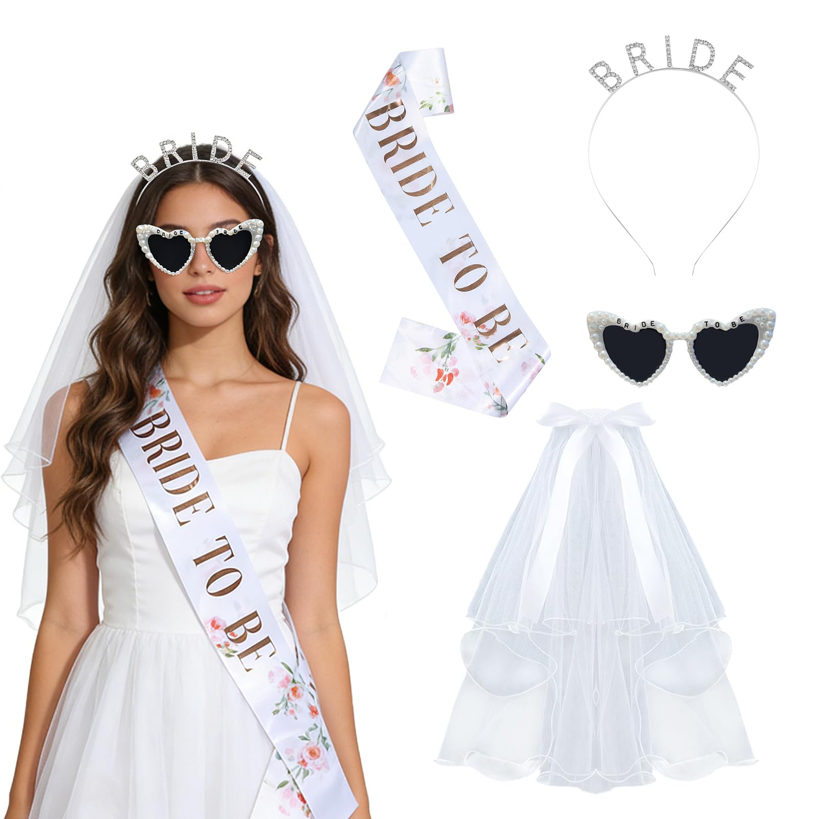4 PCS Hen Party Accessories, Bride to Be Sash Bride to Be Veil Headband Sunglasses, Comfortable to Wear, Hen Do Accessories