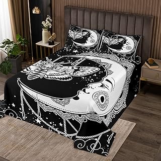 Erosebridal Boho Moth Coverlet Set King Size Black White Sun and Moon Bedspread Set,Gothic Moth Skull Quilt Set,Galaxy Starry Sky Bed Cover Tribal Mandala Decor Coverlet Set for Kids Boys Room Decor