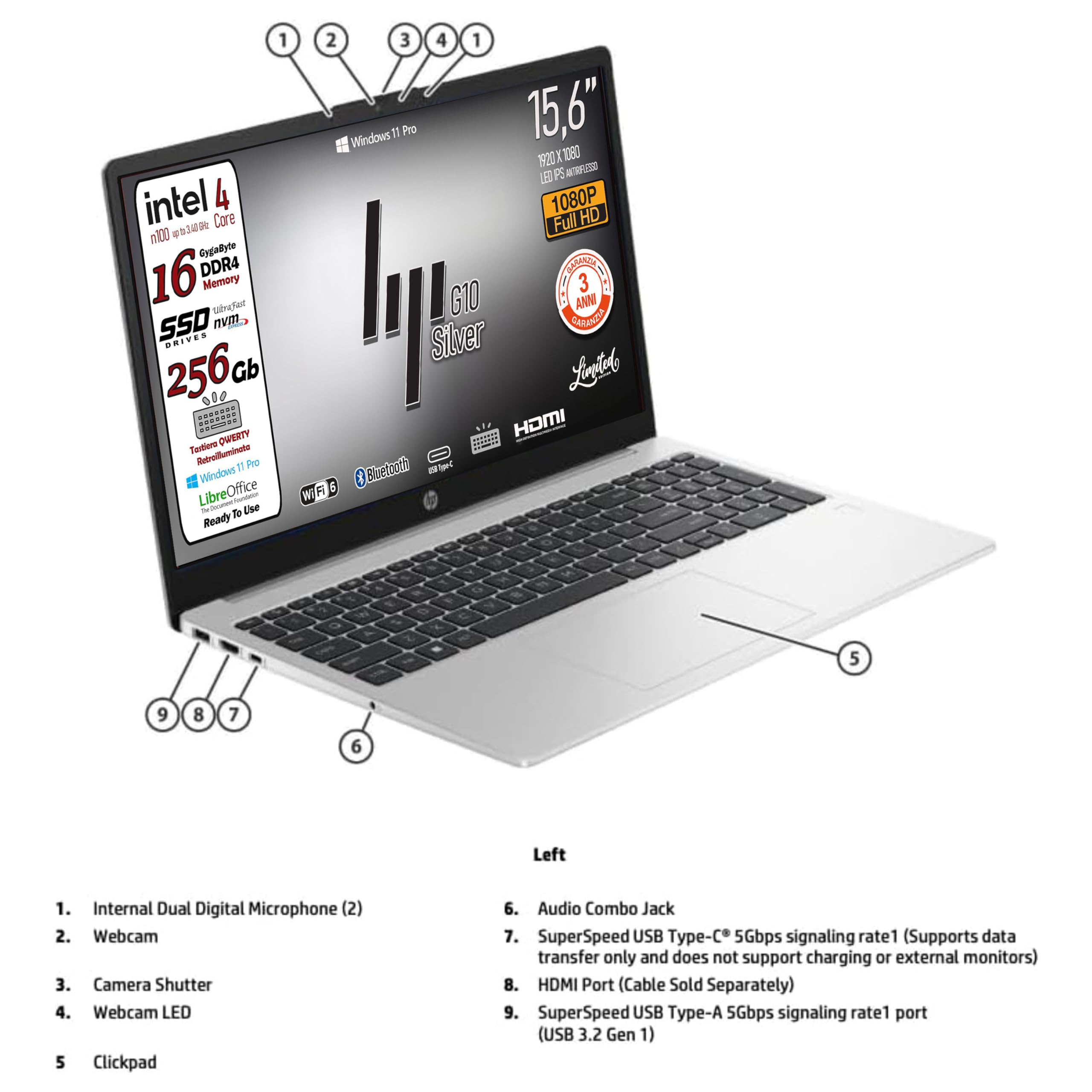 HP 250 G10 Series Notebook Portatile, SSD, Display FHD da 15.6", Cpu Intel 4core N100, Ram 16Gb, Wi-fi 6, 3 usb, webcam HD,tastiera retroilluminata, Win11 Pro, pronto All'uso, Garanzia Italia 3 anni