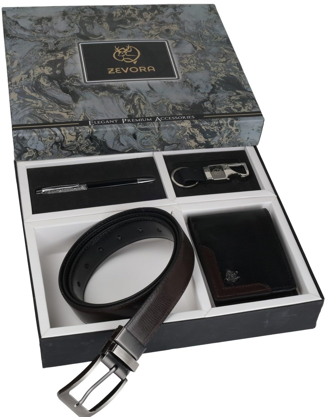zevora 4 in 1 Gift Set for Men – Premium Leather Wallet, Reversible Black & Brown Belt, Crystal Pen & Stainless Steel Keychain | Birthday Gift Hamper for Husband, Father, Boyfriend | Corporate Gifts-picture-23
