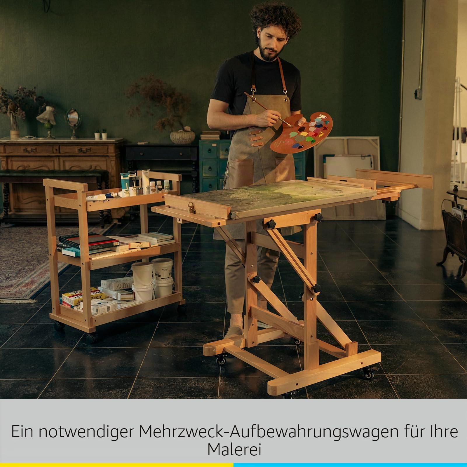 MEEDEN Kunstwagen Speicherorganisator, 3-stöckiger Rollbarer Studiowagen mit Lenkrollen, Multifunktionales Lagerregal mit Rädern, Wagen für Kunstbedarf im Klassenzimmer aus Massiver Buchenholz