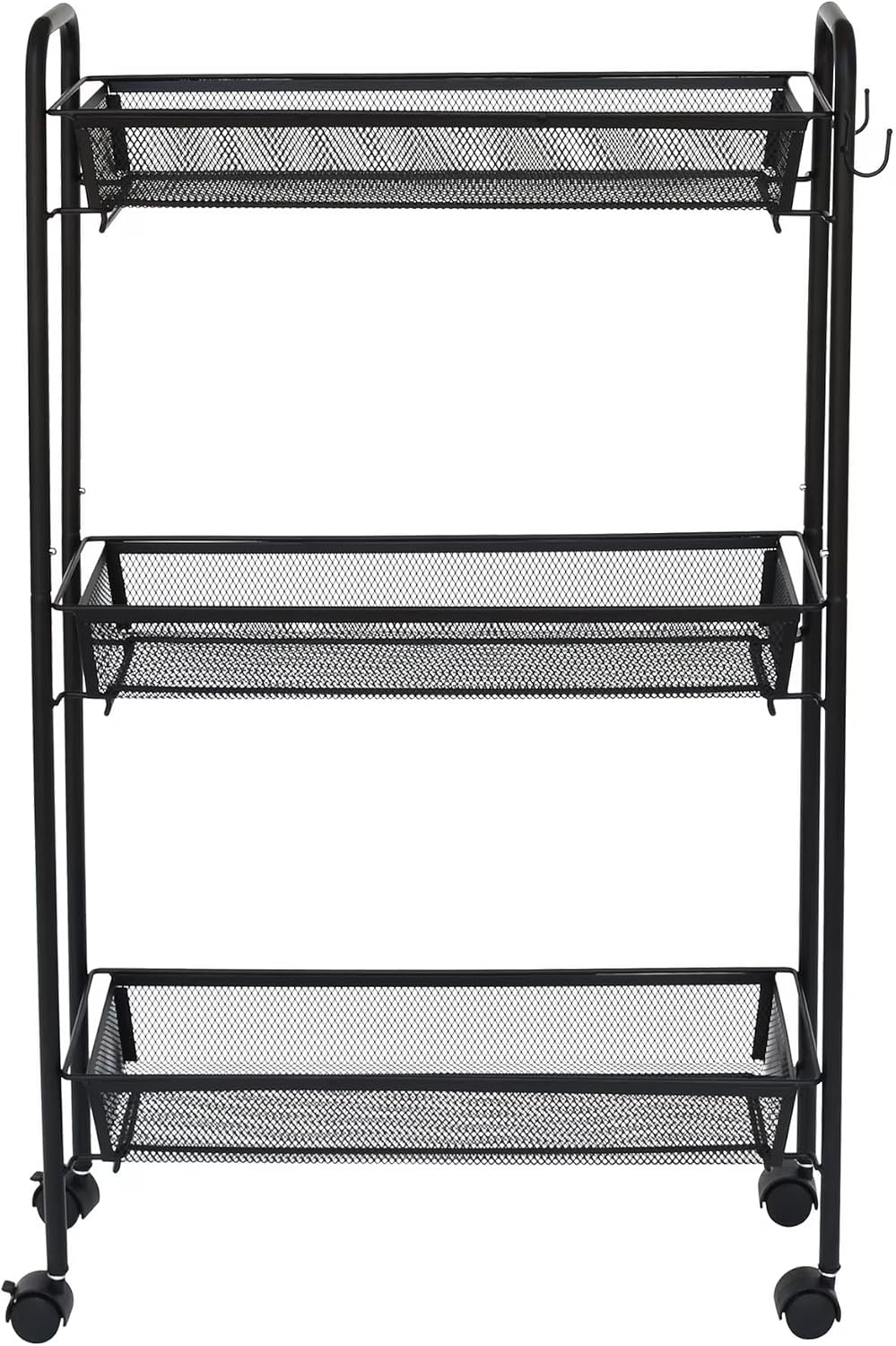 Slim 3-Tier Rolling Bathroom Storage Cart with Hooks, Black
