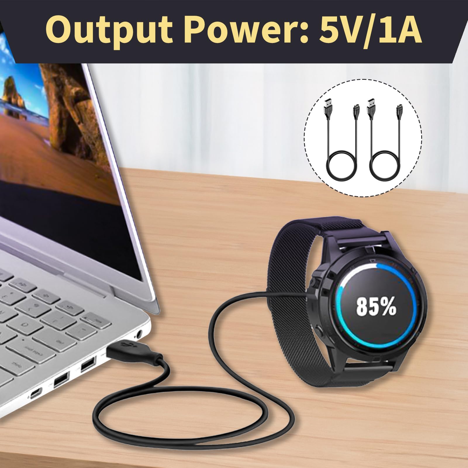 2 Pezzi Caricatore Cavo compatibile con Garmin Fenix 7/6/5 Series, Forerunner 945/935/745, Vivoactive 4/3, Venu, Instinct, Approach S60/S40, D2 Delta, Caricabatterie, Cavo di Ricarica USB da 1M, Nero