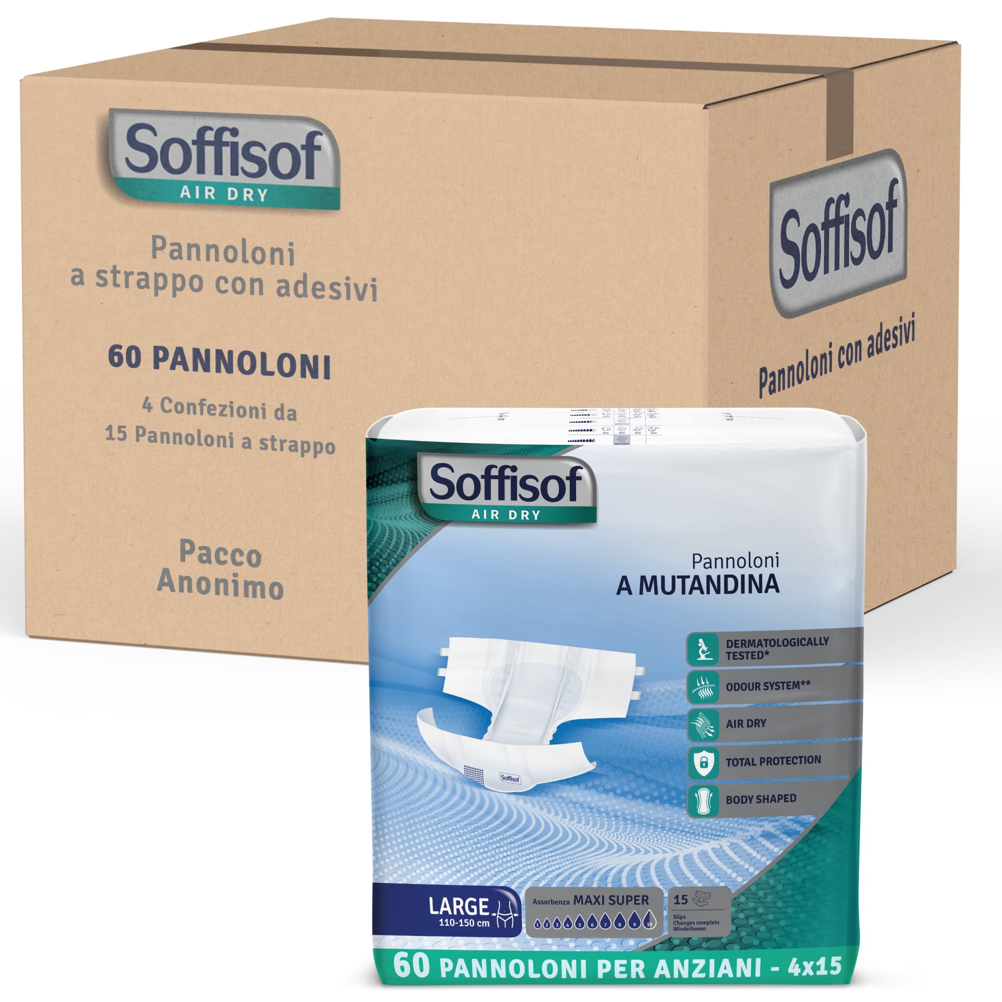 Soffisof Air Dry Pannoloni con Adesivi Maxi Super L - 60x Pannoloni per Anziani a Mutandina - 4 Confezioni da 15 Pezzi, Assorbenza fino a 9,5 Gocce - Ausili Incontinenza Uomo e Donna