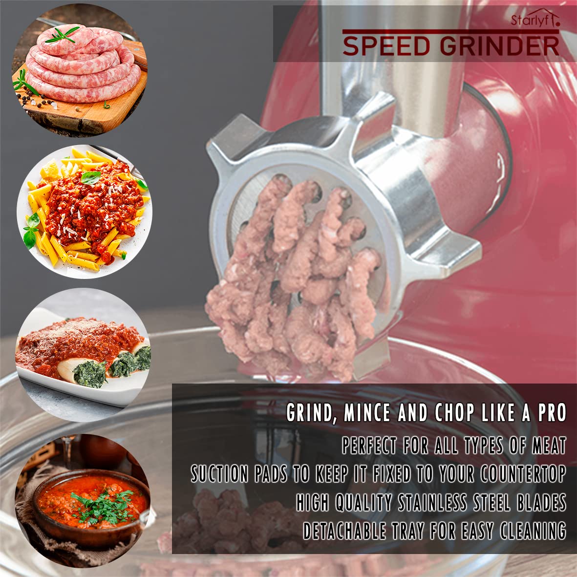 Starlyf Speed Grinder – Tritacarne Elettrico Compatto e Potente per Carne Macinata, Hamburger, Polpette, Polpettone, Salsicce, Uso Domestico