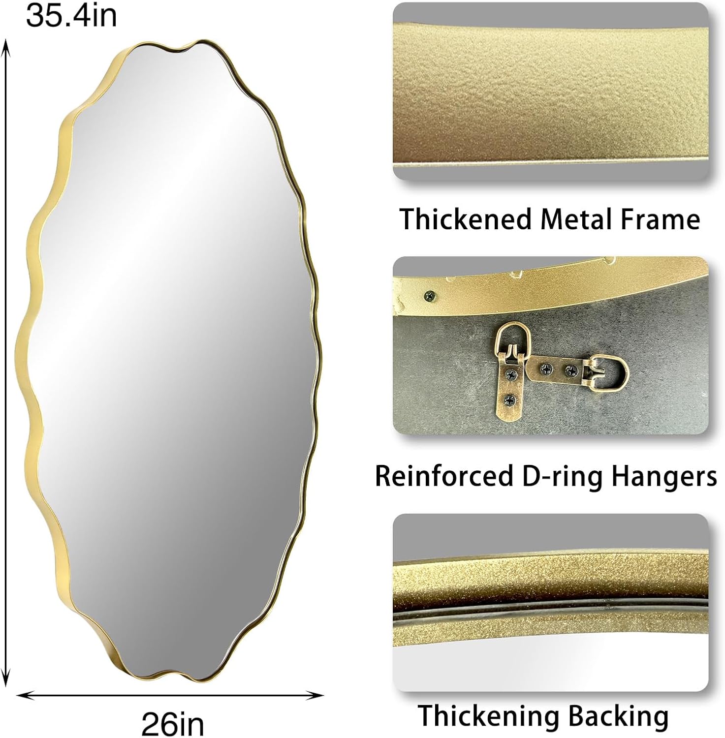 Scalloped Mirror, 35.5"x26" Oval Vanity Mirror for Over Sink, Gold Irregular Shaped Mirrors, Modern Wavy Round Mirrors for Living Room Bedroom Bathroom Hallway Entryway Fireplace