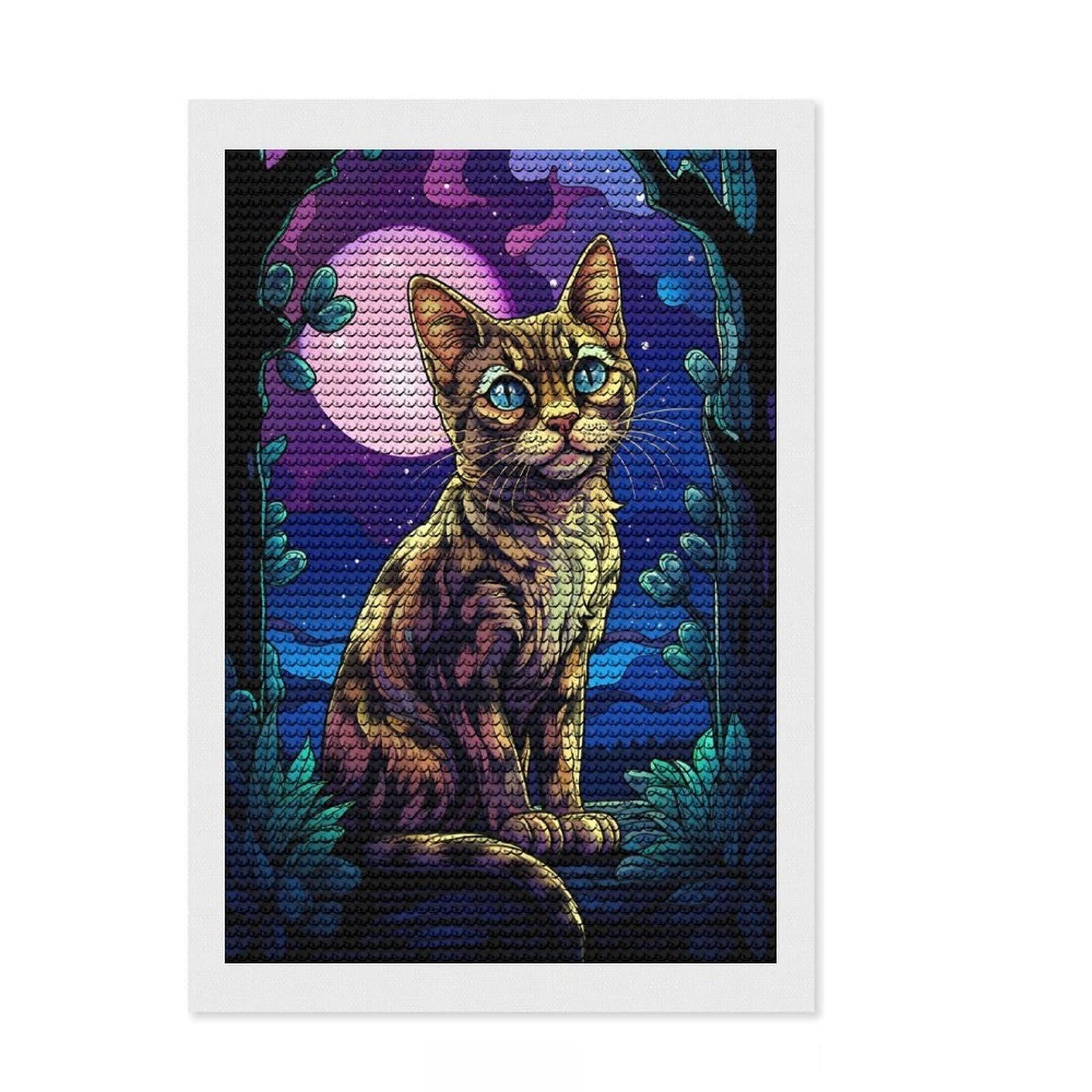 Junmoney Bengal Cat Night DIY Diamond Art Canvas Kit 8"x12", for Women, Relaxing DIY, Leisure Activity, Home Wall Art, Festive Home Decor