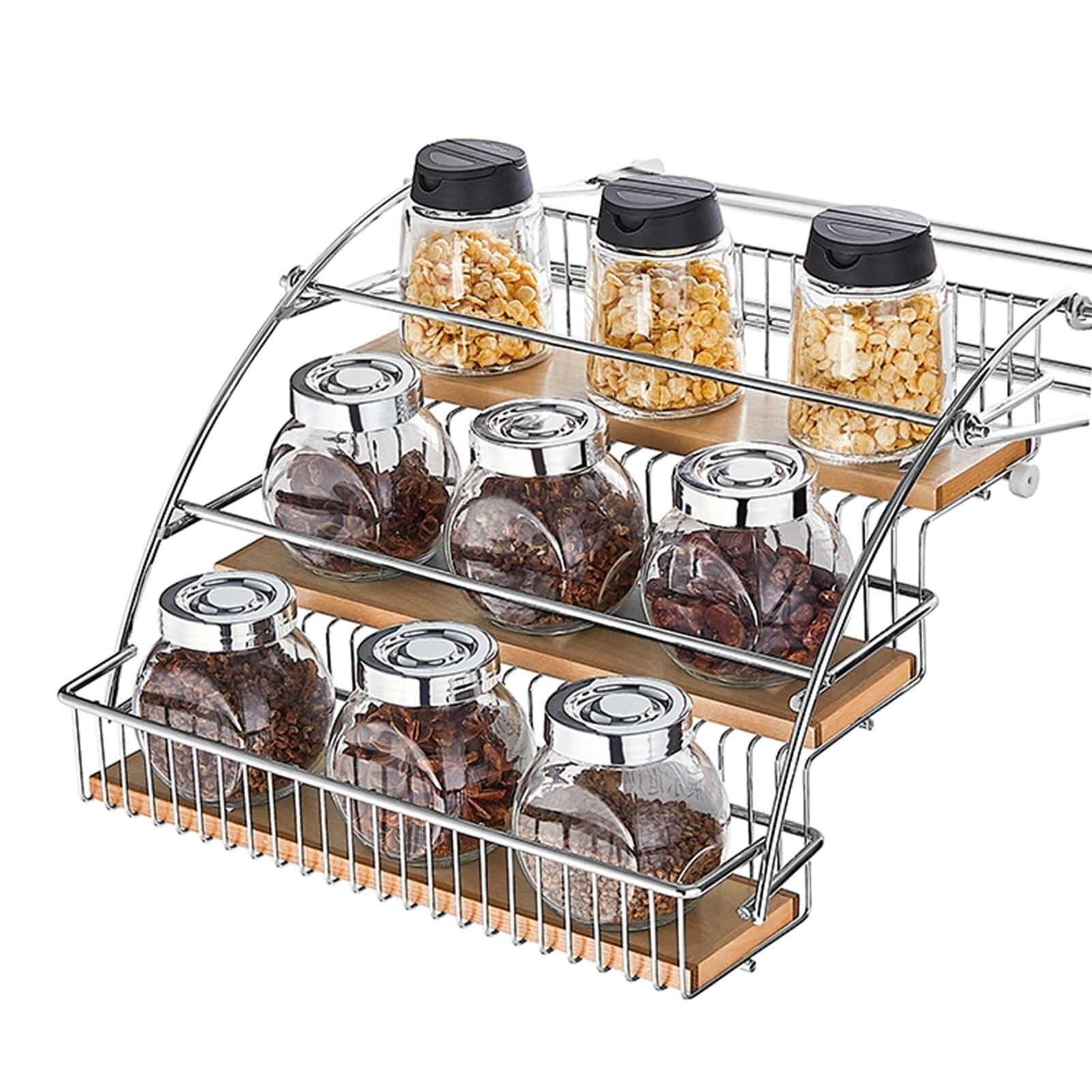 Organizer estraibile a 3 ripiani, in acciaio inox e legno, 29 x 30 x 26 cm, per dispensa, bar, caffetteria