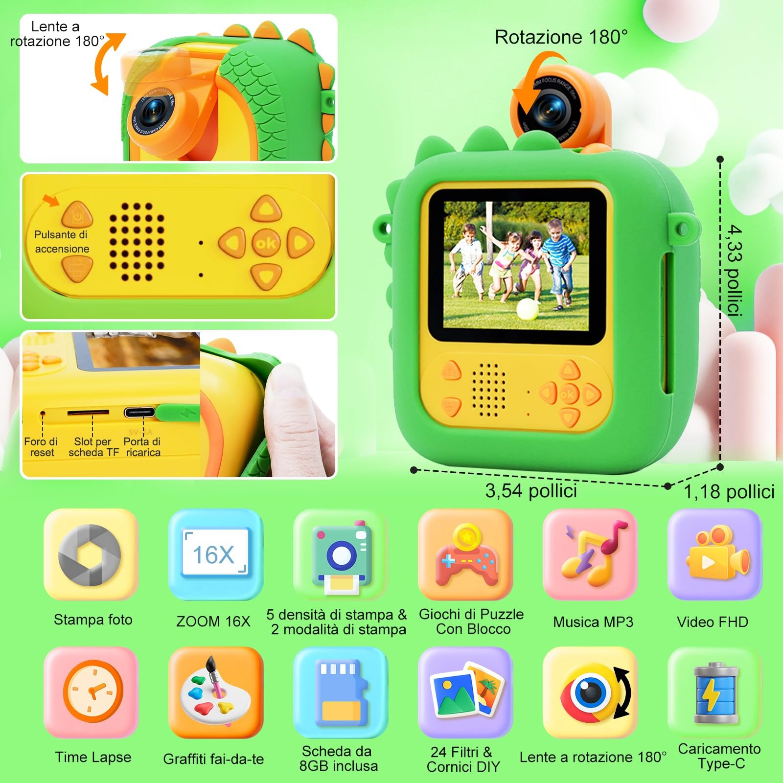 Macchina Fotografica Bambini Istantanea con obiettivo 180°Flip, ARNSSIEN 2,4" Fotocamera Istantanea per Bambini 1080P con 3 Rotoli di Carta da Stampa, Regalo per Bambino per Ragazze Ragazzi da 3-12,M2